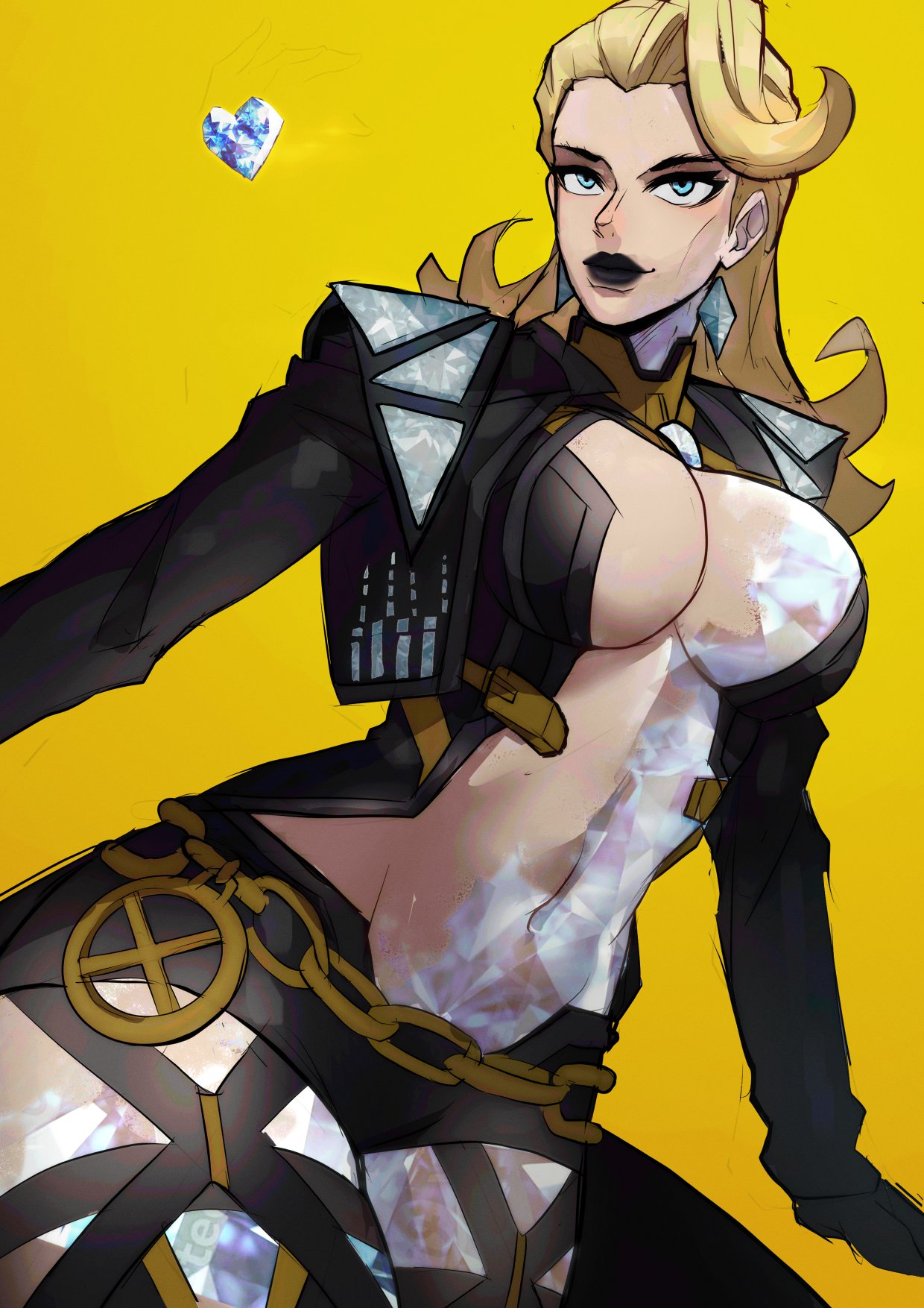 1girls, black lipstick, blonde female, blonde hair, breasts, emma frost, emma frost (marvel rivals), emma frost (x-revolution), female, female focus, female only, foonie xd, hi res, large breasts, light skin, light-skinned female, looking at viewer, marvel, marvel comics, marvel rivals, solo, thick thighs, thighs, wide hips, x-men