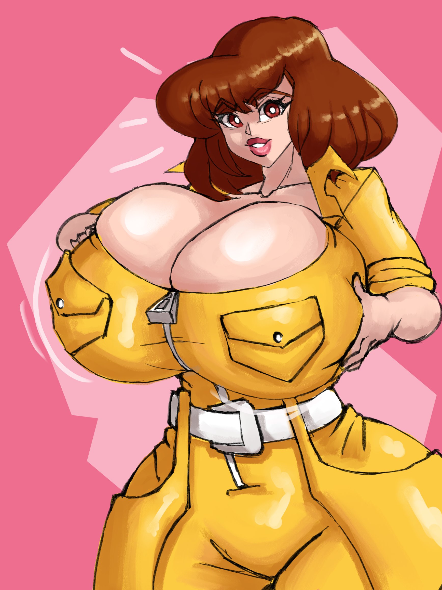 april o'neil, april o'neil (tmnt 1987), big breasts, breast grab, breast support, breasts, breasts bigger than head, brown eyes, brown hair, cleavage, female, female only, geebie33, huge breasts, jumpsuit, large breasts, light skin, light-skinned female, lipstick, looking at viewer, teenage mutant ninja turtles, thick thighs, tmnt 1987, top heavy, wide hips, zipper