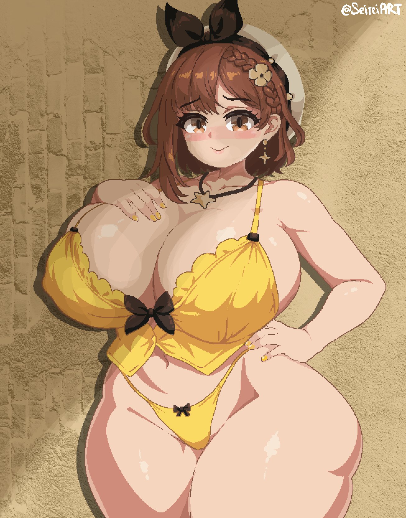 1girls, artist name, atelier (series), atelier ryza, big breasts, bra, breasts, brown eyes, brown hair, cleavage, female, hat, hips, huge breasts, light skin, light-skinned female, panties, pixel art, reisalin stout, seireiart, sideboob, solo, solo female, style imitation, thick thighs, thighs, watermark, yellow nails