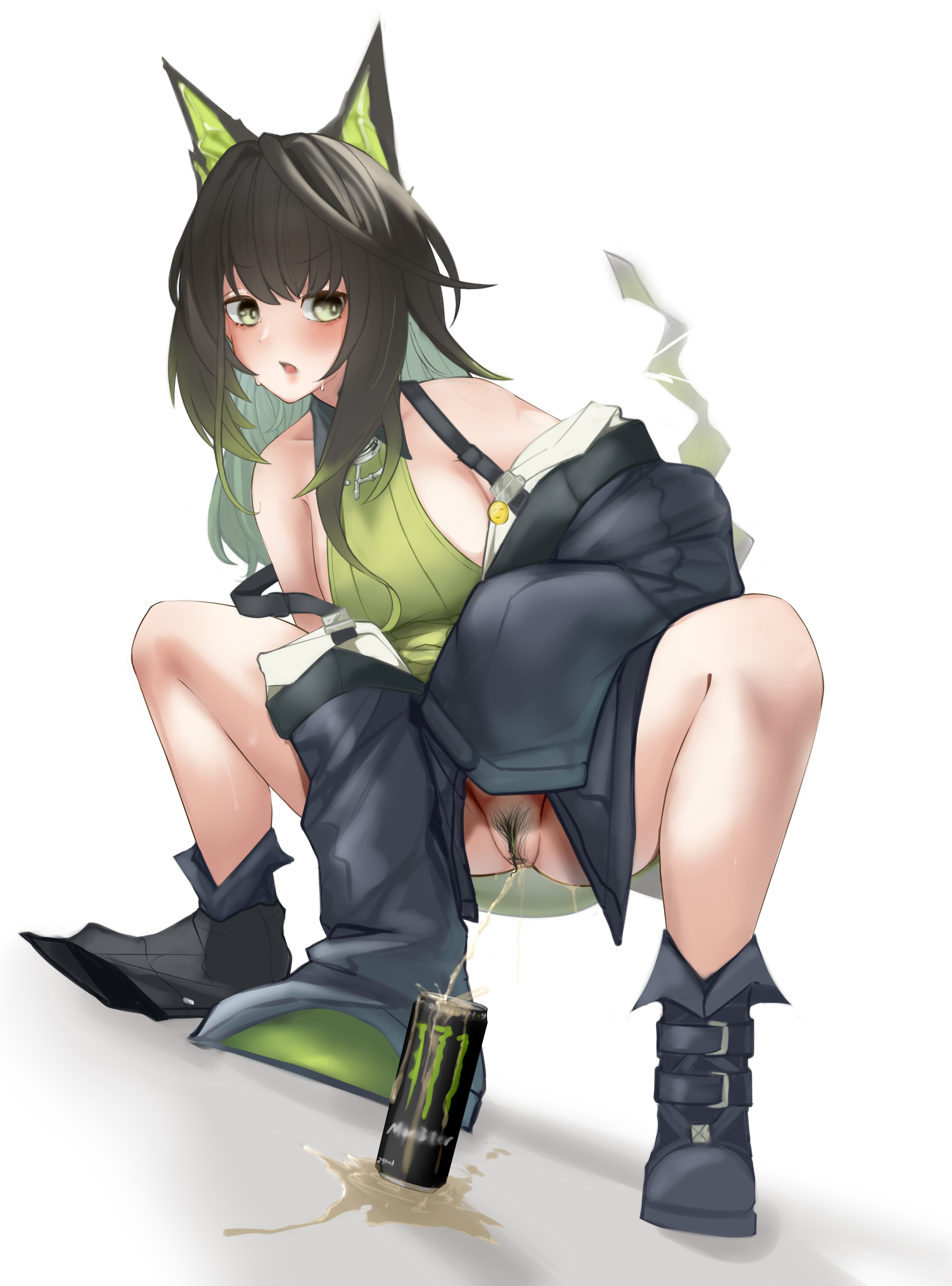 arknights, artist request, energy drink, female, kemonomimi, mon3tr (arknights), monster energy, monster energy drink, no panties, peeing, squatting