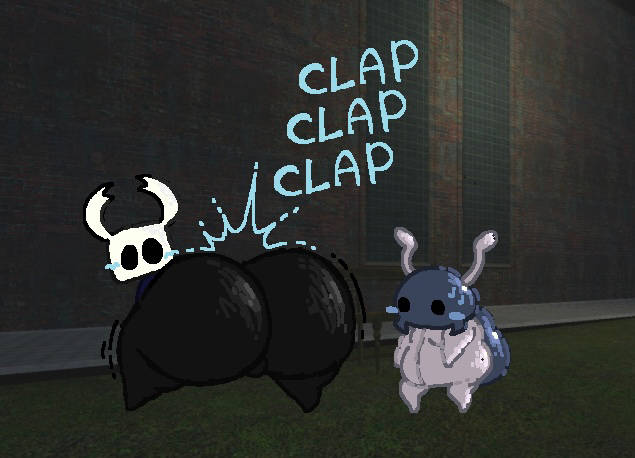 1boy, 1girls, ass, balls, big ass, bretta (hollow knight), eyebrowless, female, hollow knight, male, no artist signature, no feet, owo55, protagonist (hollow knight), solid eyes, tagme, the knight (hollow knight), twerking