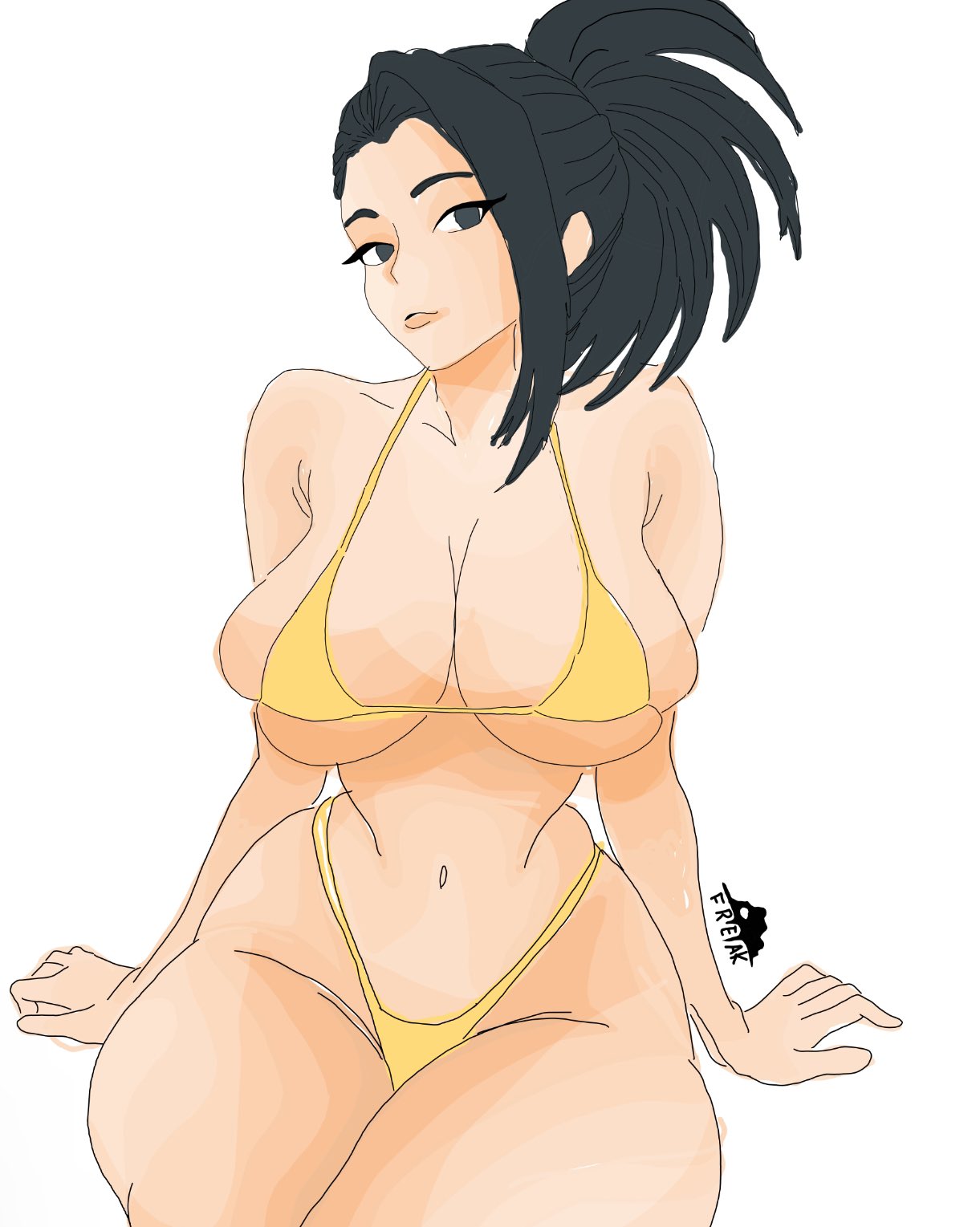 ass, big ass, big breasts, big thighs, bikini, breasts, dplasma, female, looking at viewer, momo yaoyorozu, my hero academia, white background