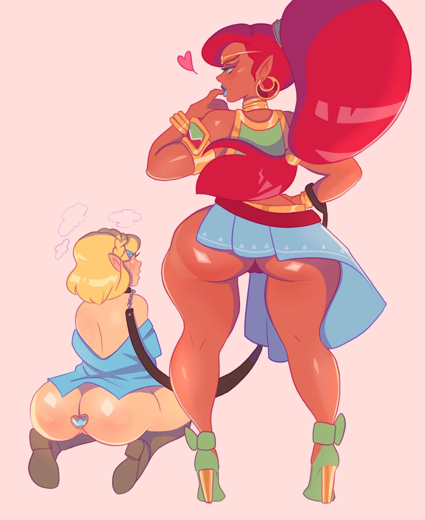 2girls, anal, anal insertion, anal plug, ass, big ass, blonde hair, blue lipstick, boots, breath of the wild, buttplug, collar, dark skin, dark-skinned female, female, gerudo, heart buttplug, heart-shaped buttplug, high heels, hornyx, jewel buttplug, kneeling, light skin, light-skinned female, lipstick, long hair, nintendo, object insertion, petplay, pointy ears, ponytail, princess zelda, red hair, short hair, tears of the kingdom, the legend of zelda, thick thighs, thighs, urbosa, wide hips, yuri, zelda (tears of the kingdom)