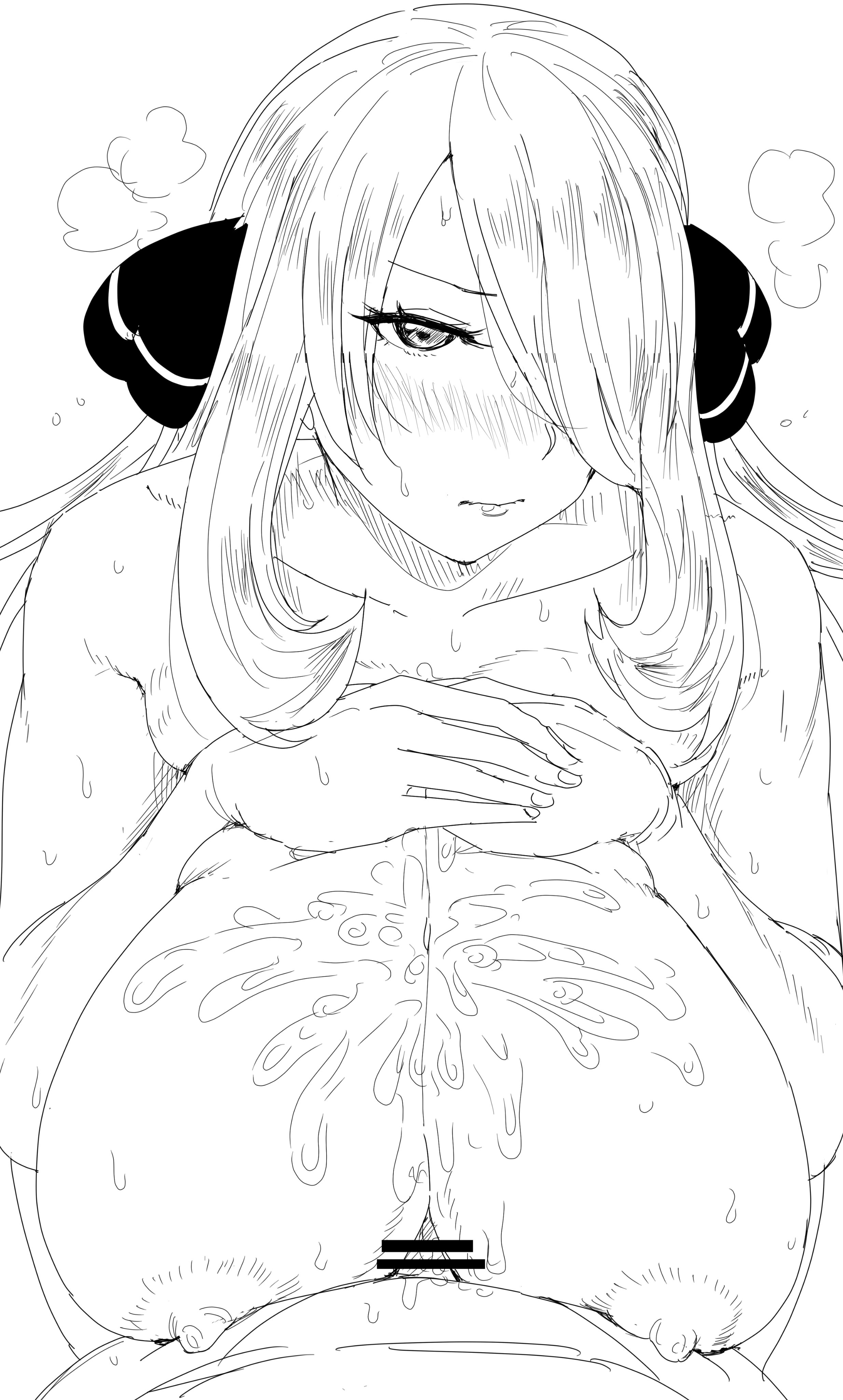1boy, 1girls, alternate breast size, big breasts, black and white, blush, breasts, censor bar, censored, cum, cum between breasts, cum on body, cum on breasts, cynthia (pokemon), ejaculation, ejaculation between breasts, embarrassed, embarrassed nude female, engulfing paizuri, female, greyscale, hair bow, hair over one eye, huge breasts, kaiman garupan, large breasts, male, nintendo, nude, nude female, one eye covered, paizuri, penis, perpendicular paizuri, pokemon, pokemon dppt, pov, pov eye contact, straight, sweat