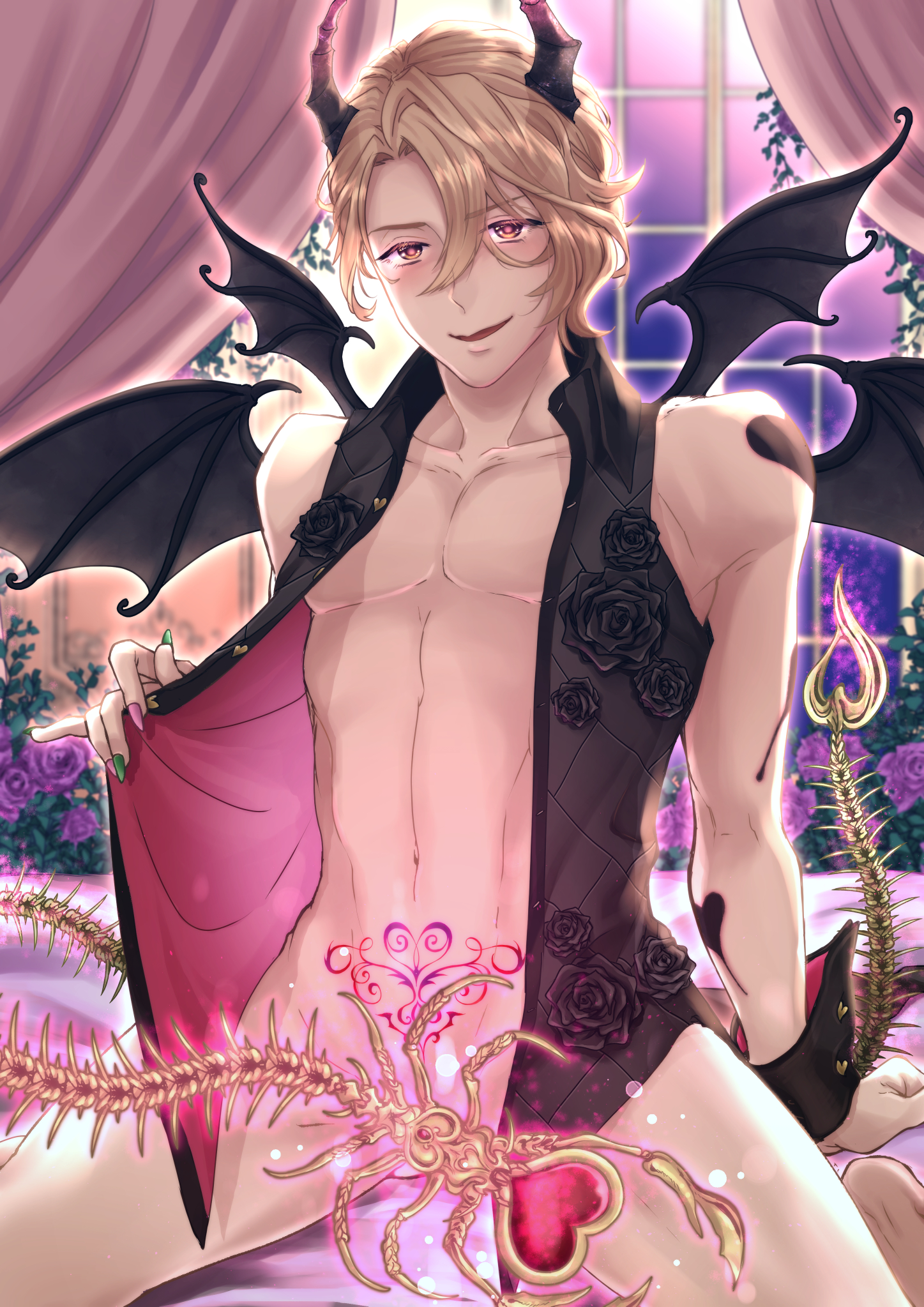 1boy, asmodeus (obey me), black clothing, black wings, censored, horns, male, male only, nail polish, obey me! one master to rule them all, partially clothed, solo, solo focus, tattoo