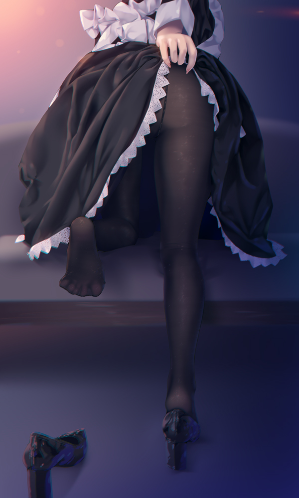 a.x., apron, ass, ass focus, big ass, black pantyhose, black shoes, clothes lift, dress, dress lift, feet, frilled apron, frills, from behind, hi res, high heels, highres, kneeling, maid, maid apron, maid uniform, original, pantyhose, shoes, soles, unworn shoe