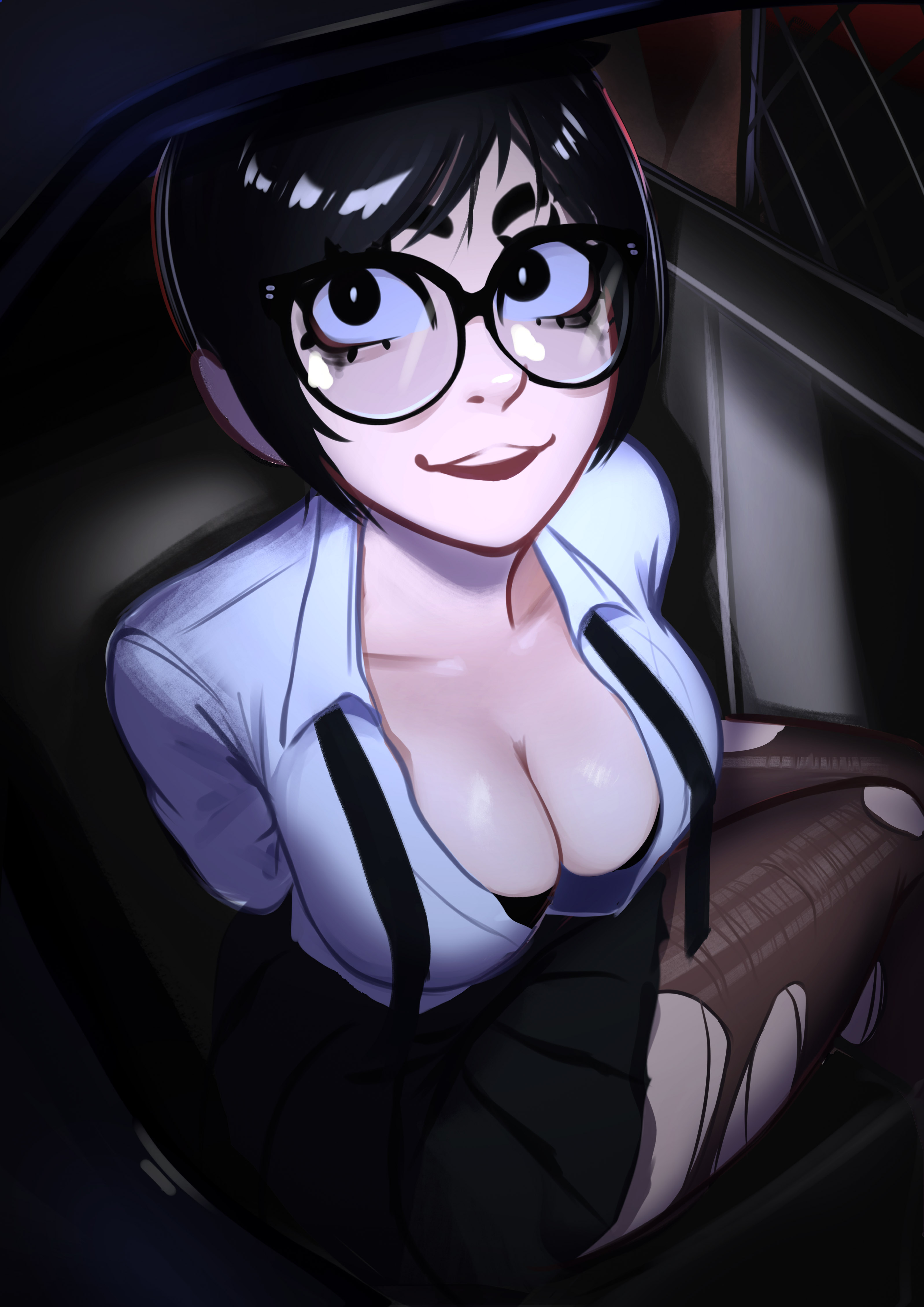1girls, arms behind back, big breasts, black bra, black eyes, black hair, black skirt, black tie, bra, bra peek, breasts, car, cleavage, dress shirt, female, glasses, inside car, large breasts, rosen (veyonis), short skirt, torn clothes, torn pantyhose, undone necktie, veyonis, white shirt