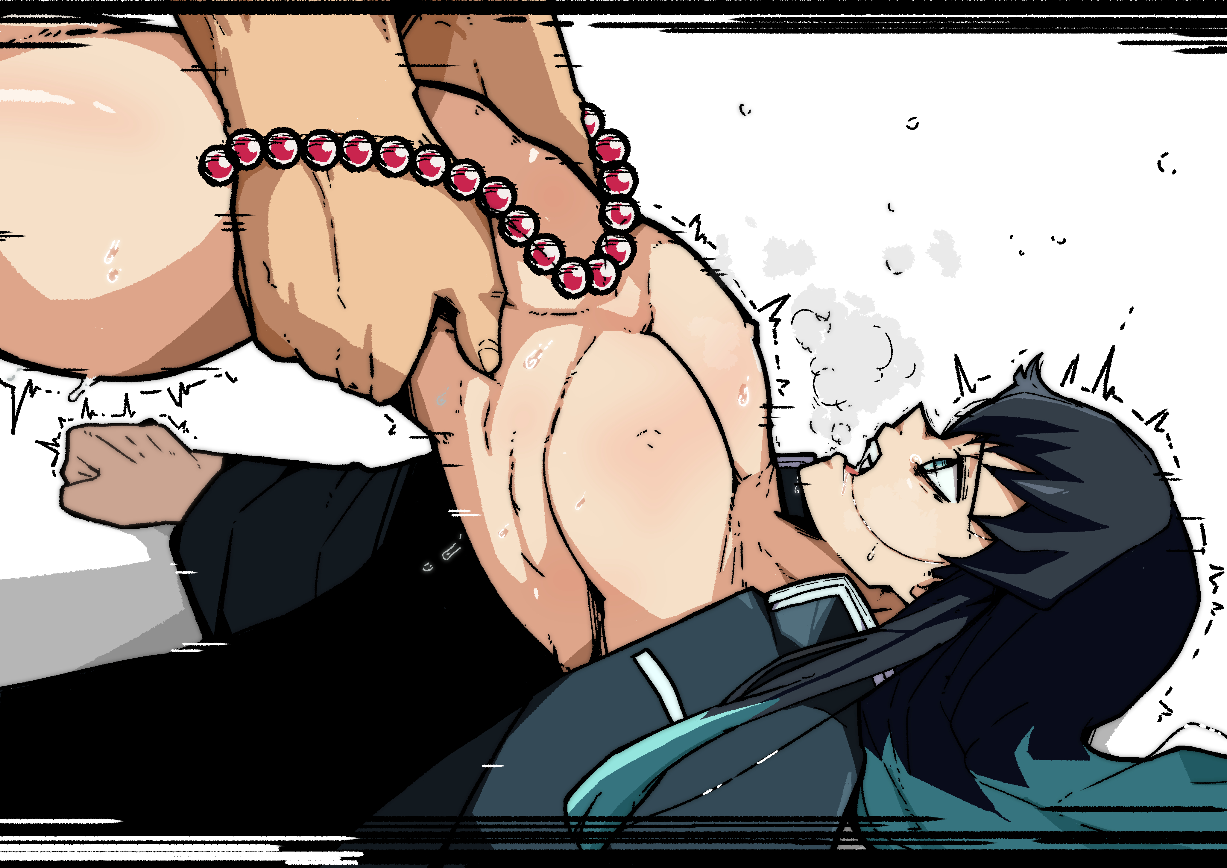 2boys, age difference, alternate version available, anal, anal sex, black hair, blush, demon slayer, femboy, girly, heavy breathing, himejima gyomei, implied anal, kimetsu no yaiba, long hair, male, male only, male penetrating, male/male, mark gavatino, motion lines, muichiro tokitou, older dom younger sub, older male and younger male, open mouth, prayer beads, rosary, sex, trembling, two-tone hair, yaoi