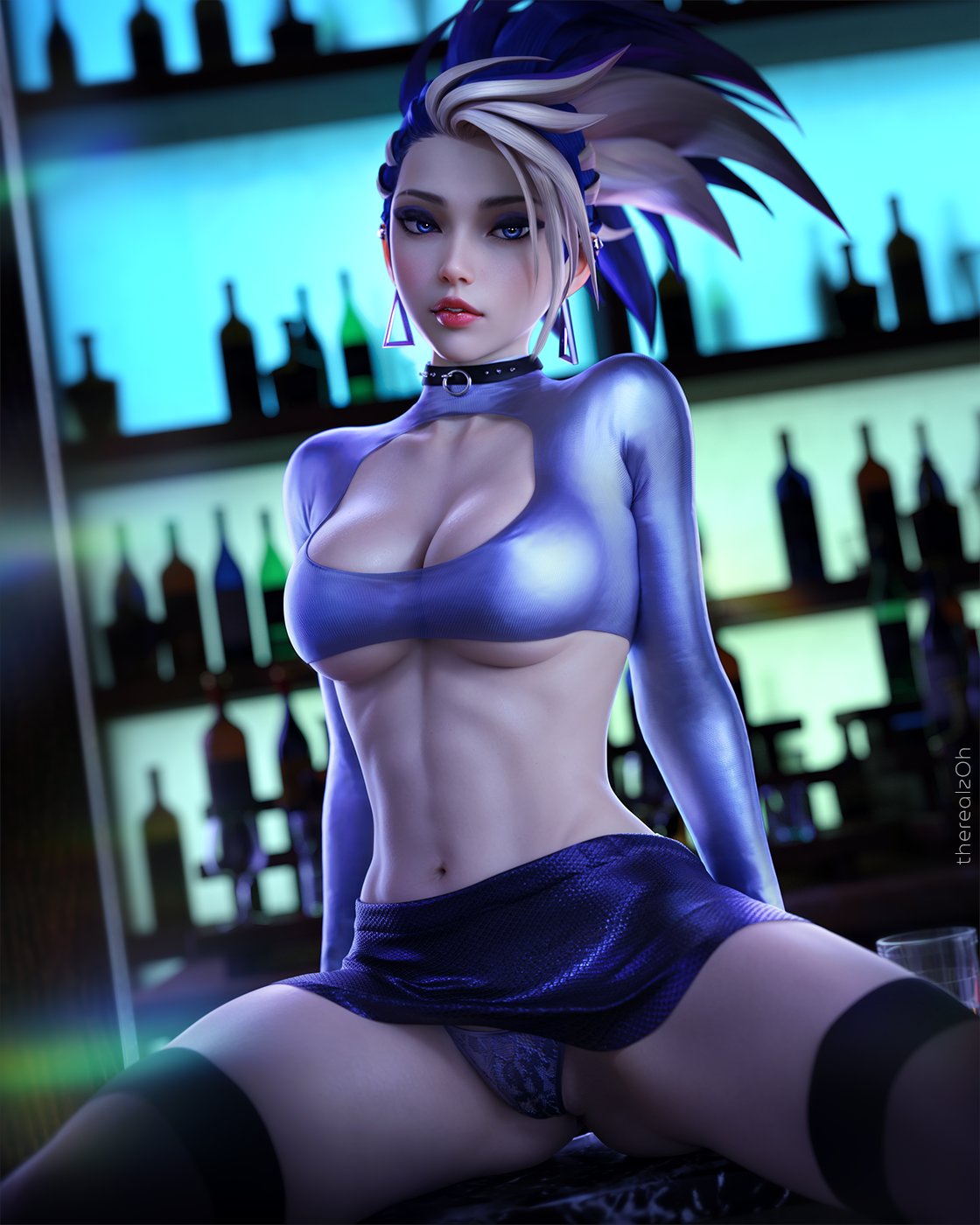 1girls 3d akali alternate_version_available blonde_hair blue_eyes blue_hair choker earrings female female_only fit fit_female indoors jewelry k/da_akali k/da_all_out_akali k/da_all_out_series k/da_series league_of_legends light-skinned_female light_skin lipstick looking_at_viewer makeup medium_breasts medium_hair multicolored_hair panties sitting slutty_clothes solo spread_legs therealzoh thighhighs two_tone_hair