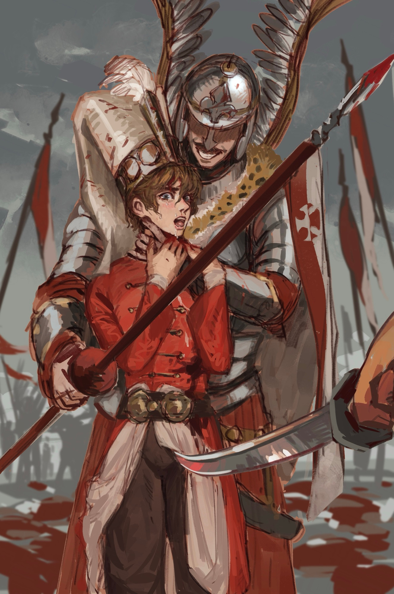 2boys, age difference, archon of flesh, armor, blood, crying, cum on face, defeated, femboy, gay, historical porn, history, hussar, imminent rape, injury, instant loss, janissary, male, male only, middle eastern, older male and younger male, ottoman empire, size difference, spoils of war, strangling, sword, twink, yaoi