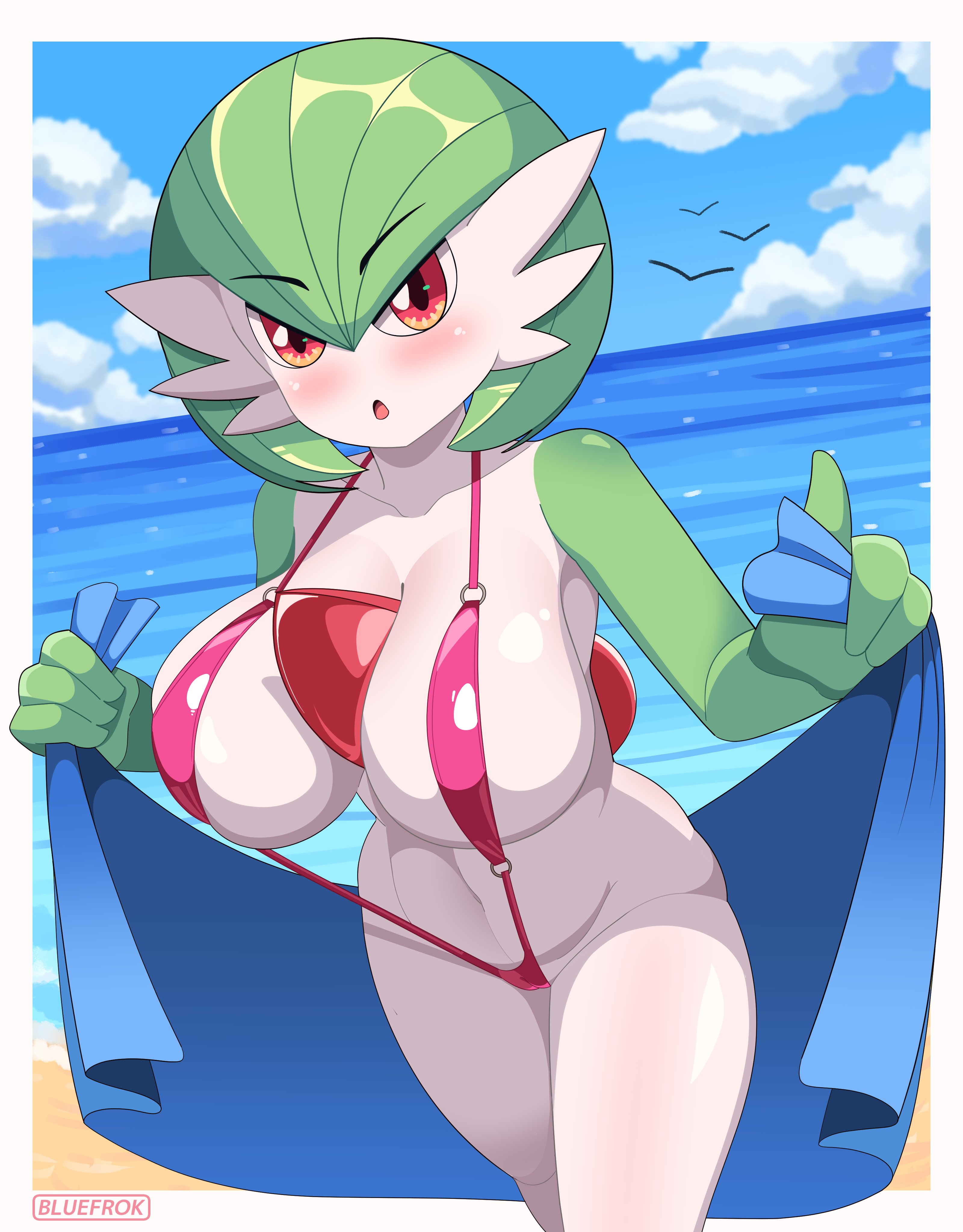 1girls, big breasts, bluefrok, blush, breasts, cleavage, female, female only, game freak, gardevoir, green hair, hair, huge breasts, orange eyes, pink sling bikini, pokemon, pokemon (species), skimpy, skimpy bikini, sling bikini, solo, solo female, swimwear, thighs, towel, white body, white skin