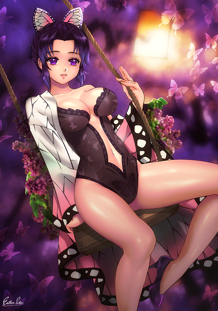 bustier butterfly_hair_ornament cleavage dark_hair demon_slayer detailed_background esther-shen female female_only haori high_heels kimetsu_no_yaiba kochou_shinobu leotard lingerie medium_breasts navel purple_eyes purple_hair sitting solo swing two_tone_hair