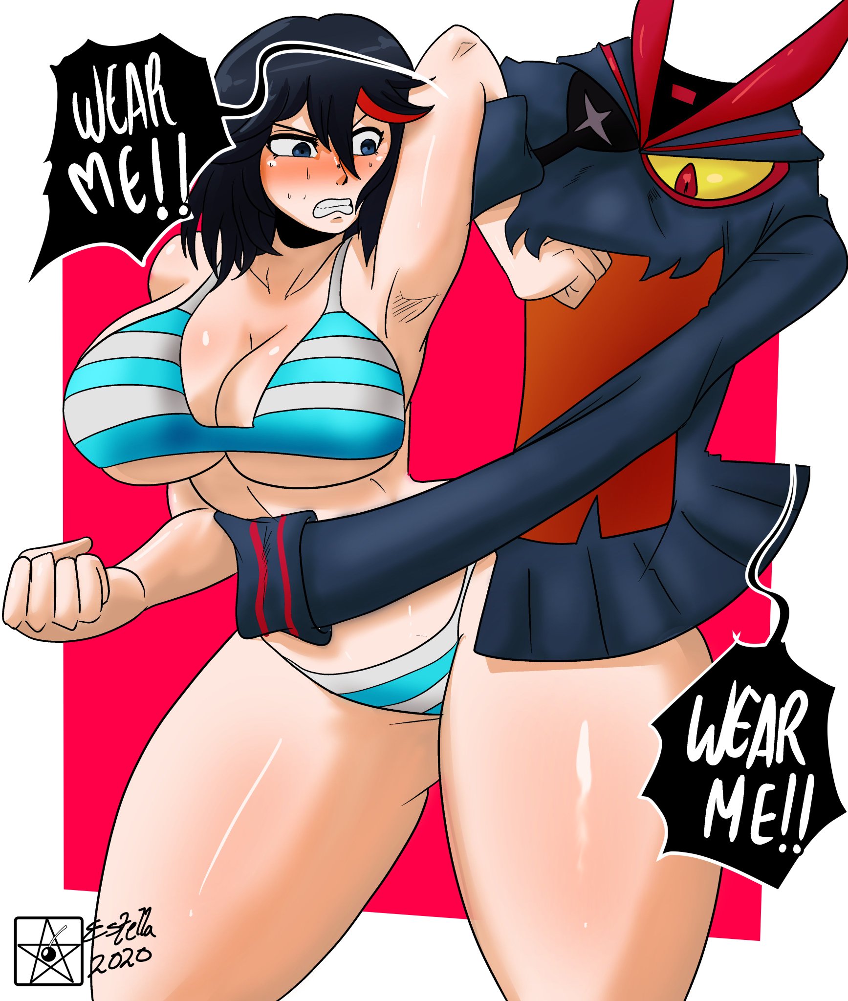 adult swim, ass, big ass, big breasts, big butt, big thighs, breasts, english text, estella comics, female, female protagonist, huge ass, huge breasts, huge butt, kill la kill, living clothes, mannyestella, matoi ryuuko, mrestella, sailor uniform, school uniform, senketsu, short hair, text, thick ass, thick thighs, thighs, toonami, two-tone hair, underwear