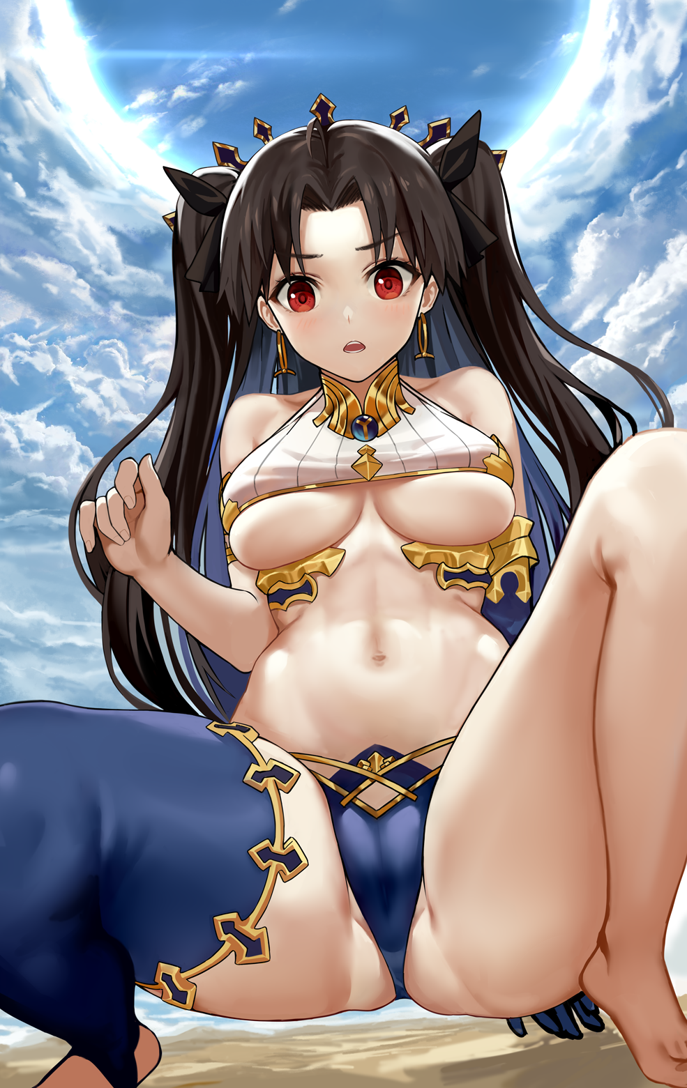 2019 ahoge bangs bare_shoulders barefoot beach bikini black_bow black_hair blue_bikini blue_gloves blue_hair blush bow breasts breasts_apart cameltoe cloud cloudy_sky collarbone day earrings elbow_gloves fate/grand_order fate_(series) female gloves hairbow highres hoop_earrings ishtar_(fate) ishtar_(fate)_(all) jewelry lens_flare long_hair looking_at_viewer medium_breasts mismatched_bikini multicolored_hair navel open_mouth outdoors parted_bangs partially_visible_vulva red_eyes shoutai_(7490773) single_glove single_thighhigh skindentation sky solo squatting stirrup_legwear stomach swimsuit thighhighs thighs toeless_legwear two-tone_hair two_side_up underboob underbust v-shaped_eyebrows very_long_hair white_bikini yizhirenben