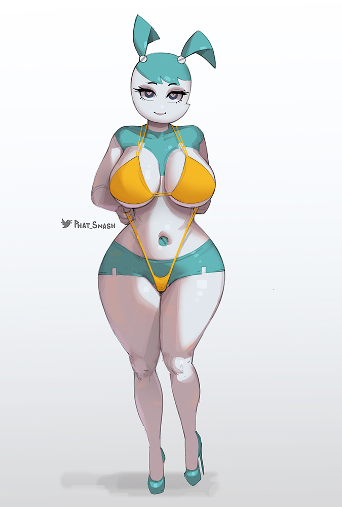 1girls, 2021, aged up, artist signature, bikini, bikini bottom pull, blue hair, blue shorts, female, female focus, female only, heart-shaped pupils, heels, high heels, hips, jenny wakeman, looking at viewer, my life as a teenage robot, naughty face, nickelodeon, phat smash, robot, robot girl, short hair, short shorts, shorts, simple background, slim waist, smooth skin, suggestive look, twintails, white background, white body, wide hips, xj-9, yellow bikini