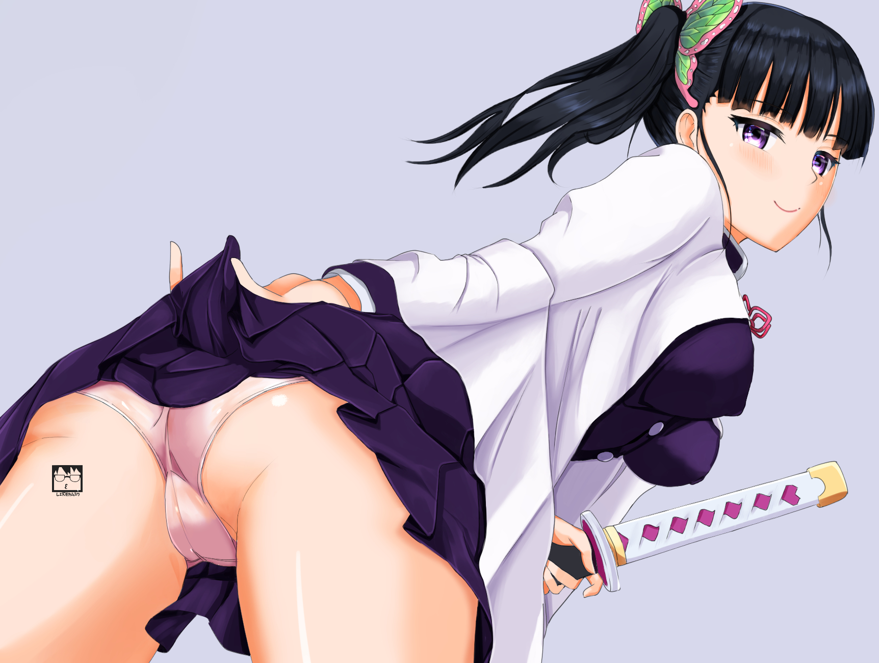 1girls, ass, ass focus, bangs, black hair, black-haired female, butterfly hair ornament, cameltoe, clothing, demon slayer, erect nipples under clothes, female, female only, kimetsu no yaiba, likerain, looking at viewer, looking back, low-angle view, panties, pink panties, ponytail, purple eyes, pussy, side ponytail, skirt lift, smile, solo, sword, teasing, tsuyuri kanao, upskirt
