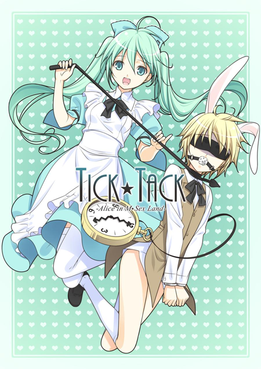 1boy 1boy1girl 1girls 1male alice_in_wonderland alice_liddell apron ball black_shoes blind blindfold blonde_hair blue_eyes bondage bound boy bunny_costume bunny_ear bunny_ears clock domination female female_domination gag gagged girl green_background green_dress green_hair handcuffs happy hatsune_miku heart kagamine_len leg_lift legs legwear light_blue_fur light_green_hair male nemigi_tsukasa no_pants ribbon socks thighhighs tied tied_up twintails vocaloid whip white_apron white_background white_legwear white_rabbit_(wonderland) white_socks