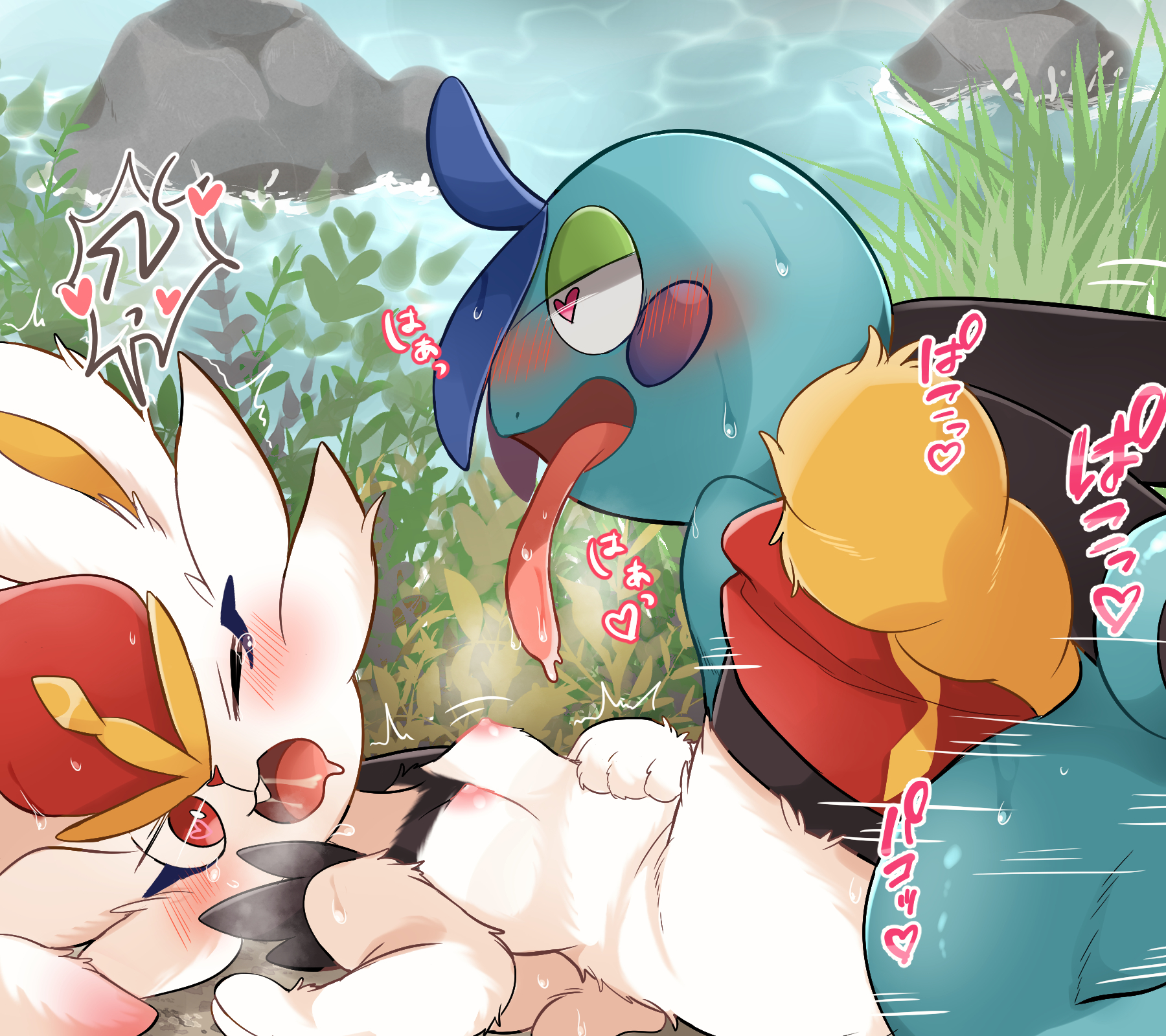 <3, <3 eyes, ambiguous penetration, amphibian, anthro, anthro on anthro, anthro penetrated, anthro penetrating, anthro penetrating anthro, blush, breasts, cinderace, clothed, clothed female nude male, clothed/nude, clothing, detailed background, drizzile, duo, ear blush, female, female penetrated, from front position, fur, furry, heart, hi res, lagomorph, leporid, long tongue, looking pleasured, lying, male, male penetrating, male penetrating female, male/female, mammal, nintendo, nipples, nude, on back, one eye closed, open mouth, pants down, partially clothed, penetration, pink nipples, pokémon (species), pokemon, pokemon (species), prrrrrrmine, scalie, semi-anthro, sex, small breasts, tongue, tongue out, video games