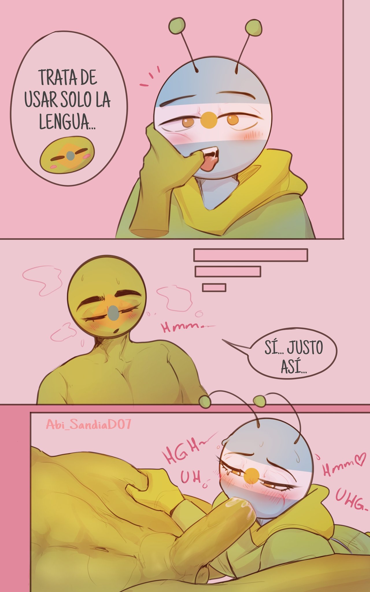2boys abi_sandia alien_costume antennae argentina_(countryhumans) blowjob blush brazil_(countryhumans) closed_eyes completely_nude countryhumans gay grey_body hand_on_thigh male muscular muscular_male penis penis_in_mouth tagme thumb_in_mouth yellow_eyes