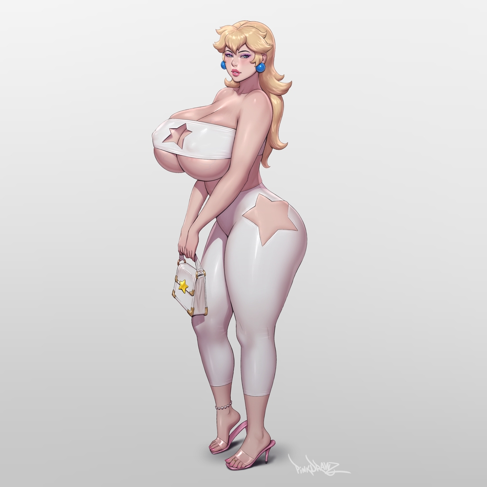 1girls, ass, breasts, cleavage, female, female only, gigantic breasts, huge ass, huge breasts, mario (series), pinkdrawz, princess peach, revealing clothes, solo, solo female, thick thighs, toe ring, underboob