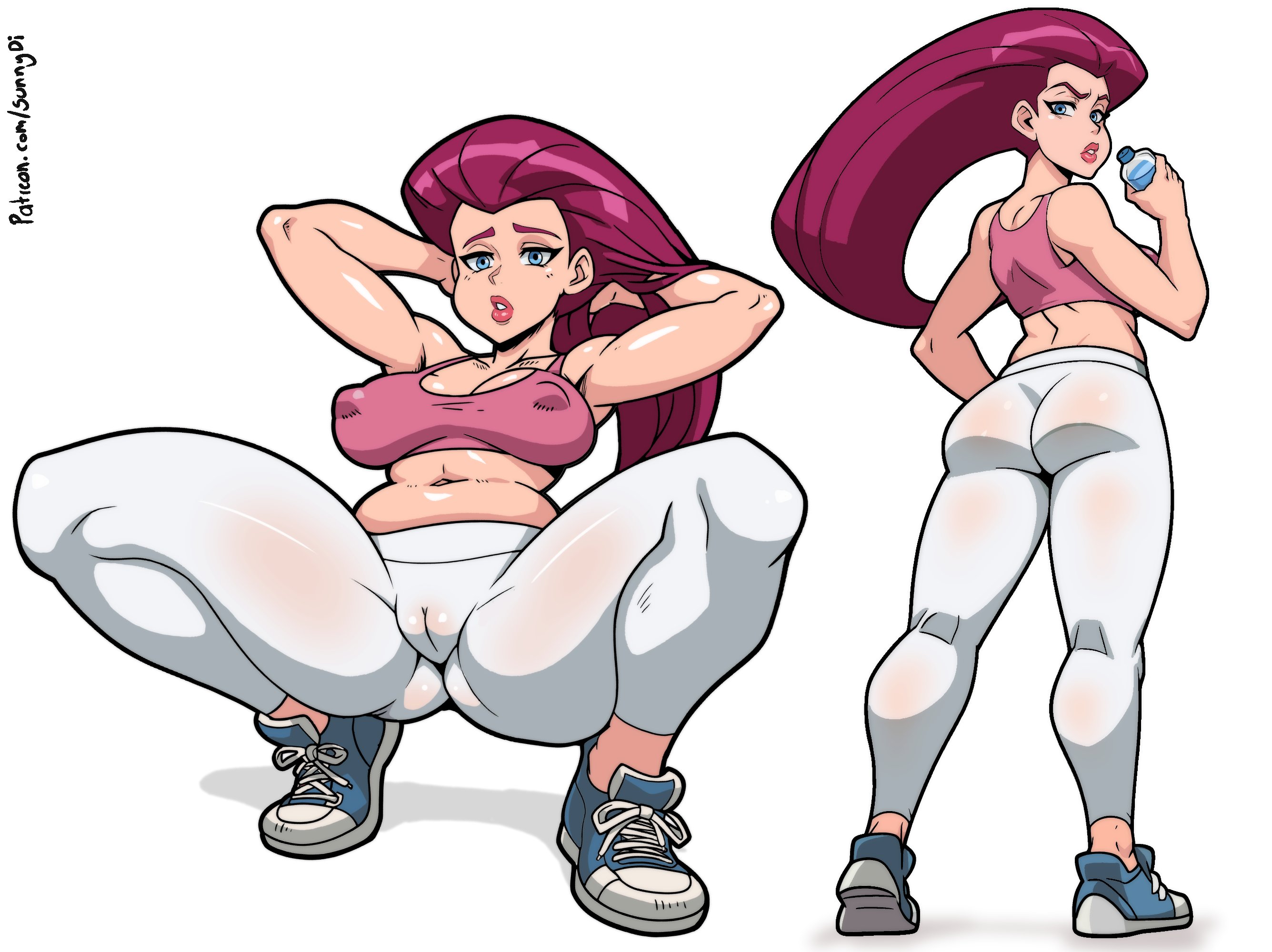 1girls, ass, ass visible through thighs, back, back view, backboob, big breasts, blue eyes, bottomwear, breasts, cameltoe, clothing, erect nipples, female, female only, footwear, full body, gym, gym uniform, hair, hands behind head, holding object, jessie (pokemon), lips, long hair, looking back, mature, mature female, nipples, pants, parted lips, pink hair, pokemon, pokemon (anime), pussy, shoes, solo, solo female, sports bra, sportswear, squatting, sunny di, thighs, topwear, water bottle, white pants