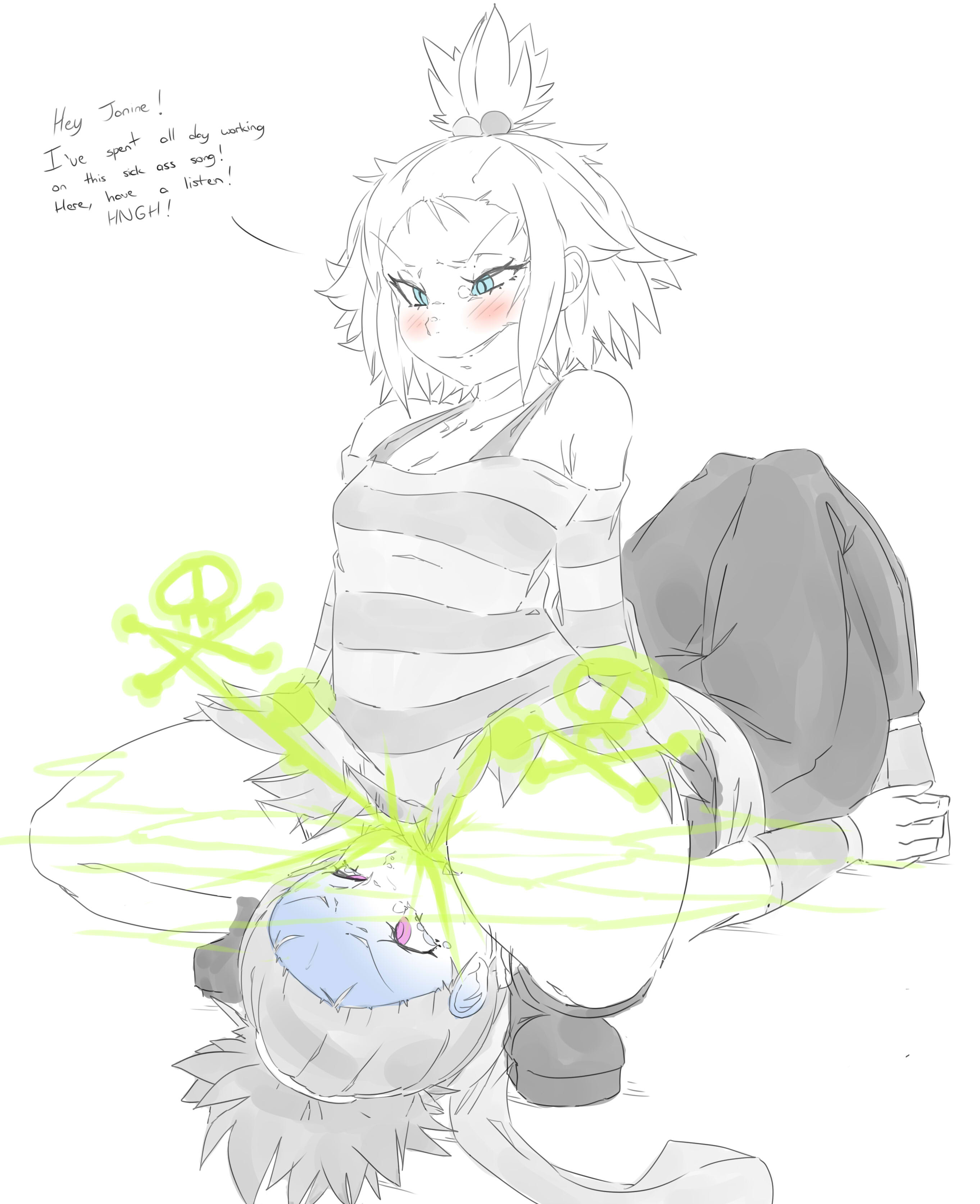 2girls, blue eyes, blush, breasts, dialogue, english text, facesitting, fart, fart cloud, fart fetish, fart torture, farting, farting in face, female, female only, game freak, janine (pokemon), laying down, laying on back, lazei, looking down, nintendo, pokemon, pokemon bw, pokemon bw2, pokemon gsc, roxie (pokemon), shoulder length hair, sketch, skull symbol, small breasts, smile, tears, text, uncolored, yuri