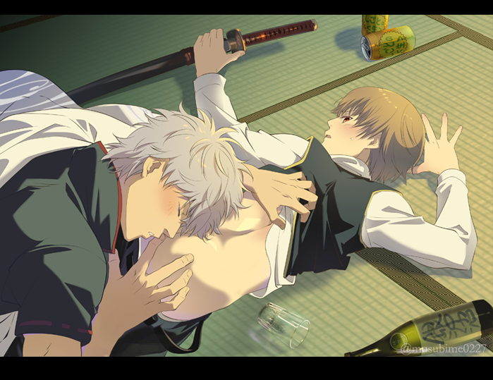 2boys alcohol ass beer beer_can blush brown_hair detailed_background drunk gay gintama gintoki_sakata katana light_brown_hair looking_back lying_on_person lying_on_stomach male male_only musubime0227 okita_sougo on_stomach pants_down police_officer police_uniform red_eyes sake sake_bottle shinsengumi_(gintama) sleep_molestation sleeping sweatdrop tatami twink yaoi