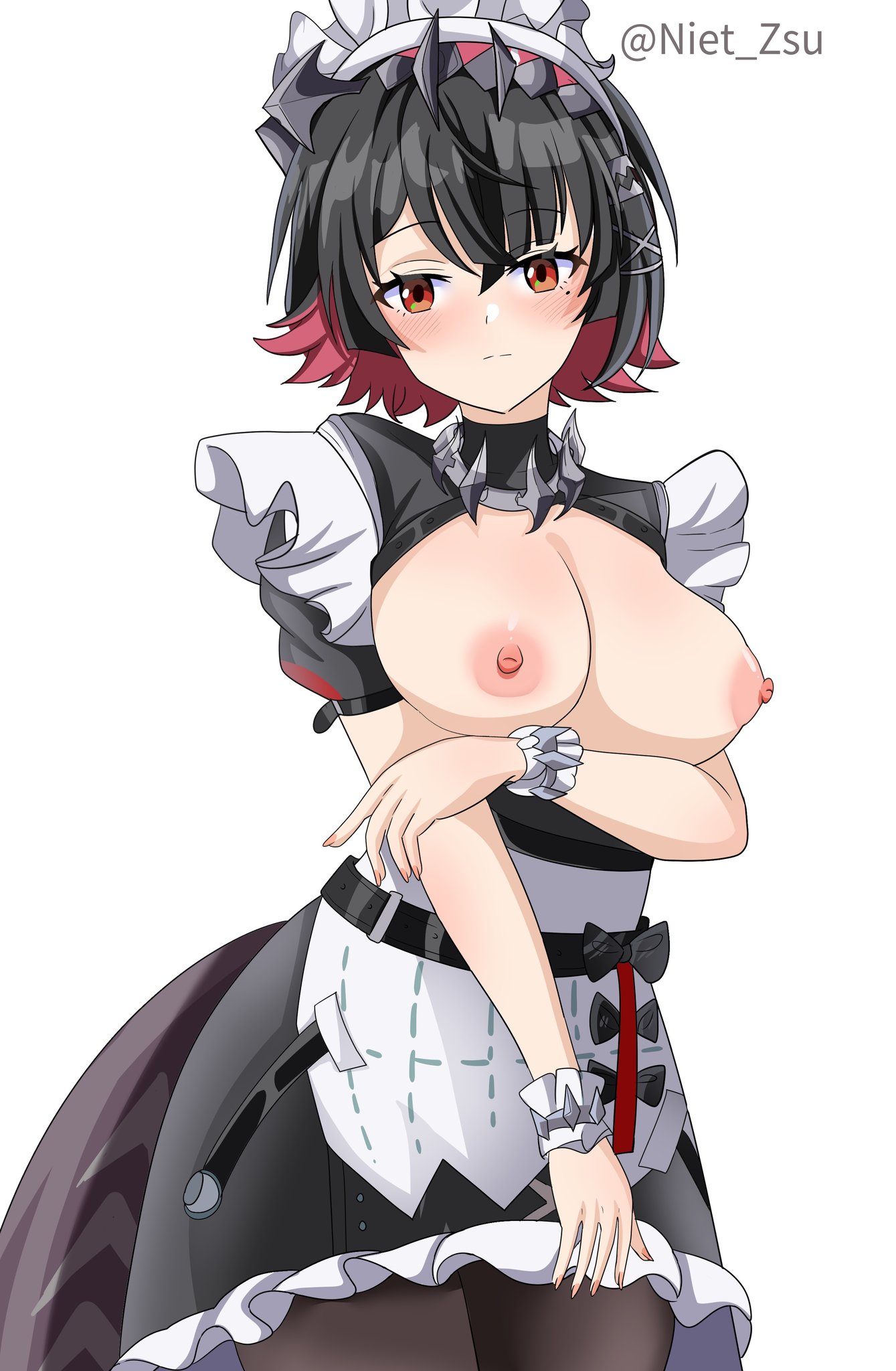 1girls, absurd res, absurdres, adult, adult female, areolae, arm under breasts, bare arms, bare breasts, bare chest, bare hands, bare nipples, bare skin, bare tits, black hair, black-haired female, breasts, brown eyes, brown-eyed female, busty, busty female, cleavage, dot nose, elbows, ellen joe, exposed arms, exposed breasts, exposed chest, exposed nipples, exposed skin, exposed tits, exposing, exposing breasts, exposing chest, exposing nipple, exposing self, eyebrows visible through hair, female, female focus, female only, fingernails, fingers, hair between eyes, hair ornament, hair ornaments, hand on arm, hand on own arm, high resolution, highres, hourglass figure, large breasts, lean figure, legs, light skin, light-skined female, light-skinned female, looking at viewer, maid, maid apron, maid cap, maid headdress, maid outfit, maid uniform, mature female, mole, mole under eye, multicolored hair, narrow waist, niet zsu, nipples, red hair, red-haired female, short hair, shoulders, showing breasts, showing chest, showing nipple, simple background, slender body, slender waist, slim female, slim waist, smooth skin, solo, standing, thick thighs, thighs, thin waist, uncensored, uncensored breasts, uncensored nipples, upper body, white background, wide hips, zenless zone zero