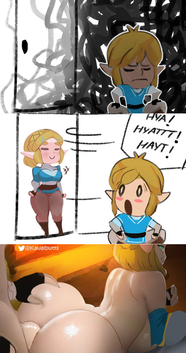 1boy, 1girls, anal, anal sex, ass, ass grab, big ass, big breasts, blonde hair, breasts, comic page, dialogue box, female, fireplace, hylian, hylian ears, indoors, indoors sex, kawaibutts, link, link (tears of the kingdom), male, meme, omg hi!, penis, princess zelda, sex, sex from behind, short hair, smile, squeezing butt, tears of the kingdom, text, the legend of zelda, thick penis, zelda (tears of the kingdom)
