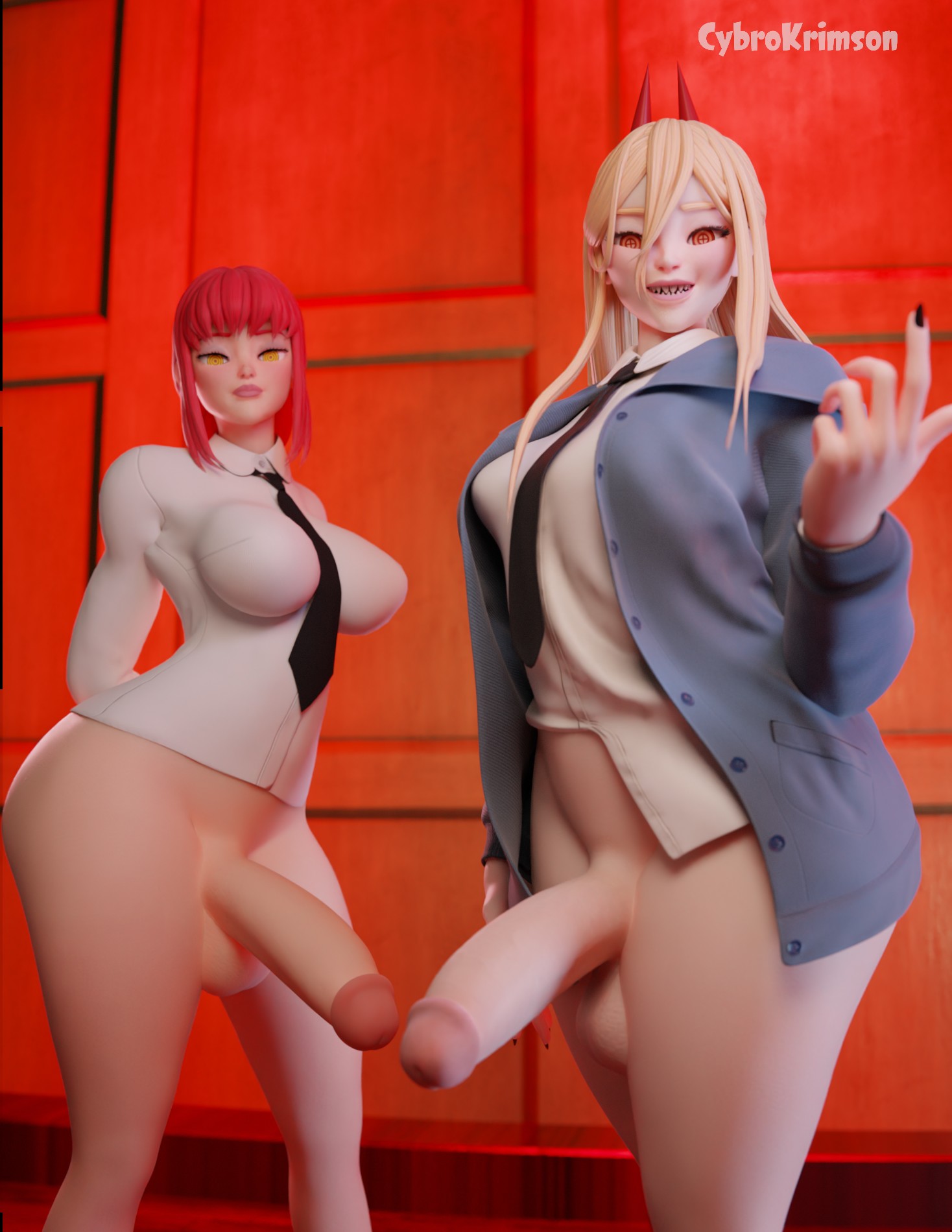 3d, big breasts, big penis, blender, blonde hair, breasts, chainsaw man, cybrokrimson, futa only, futanari, horns, intersex, makima (chainsaw man), penis, power (chainsaw man), red hair, yellow eyes
