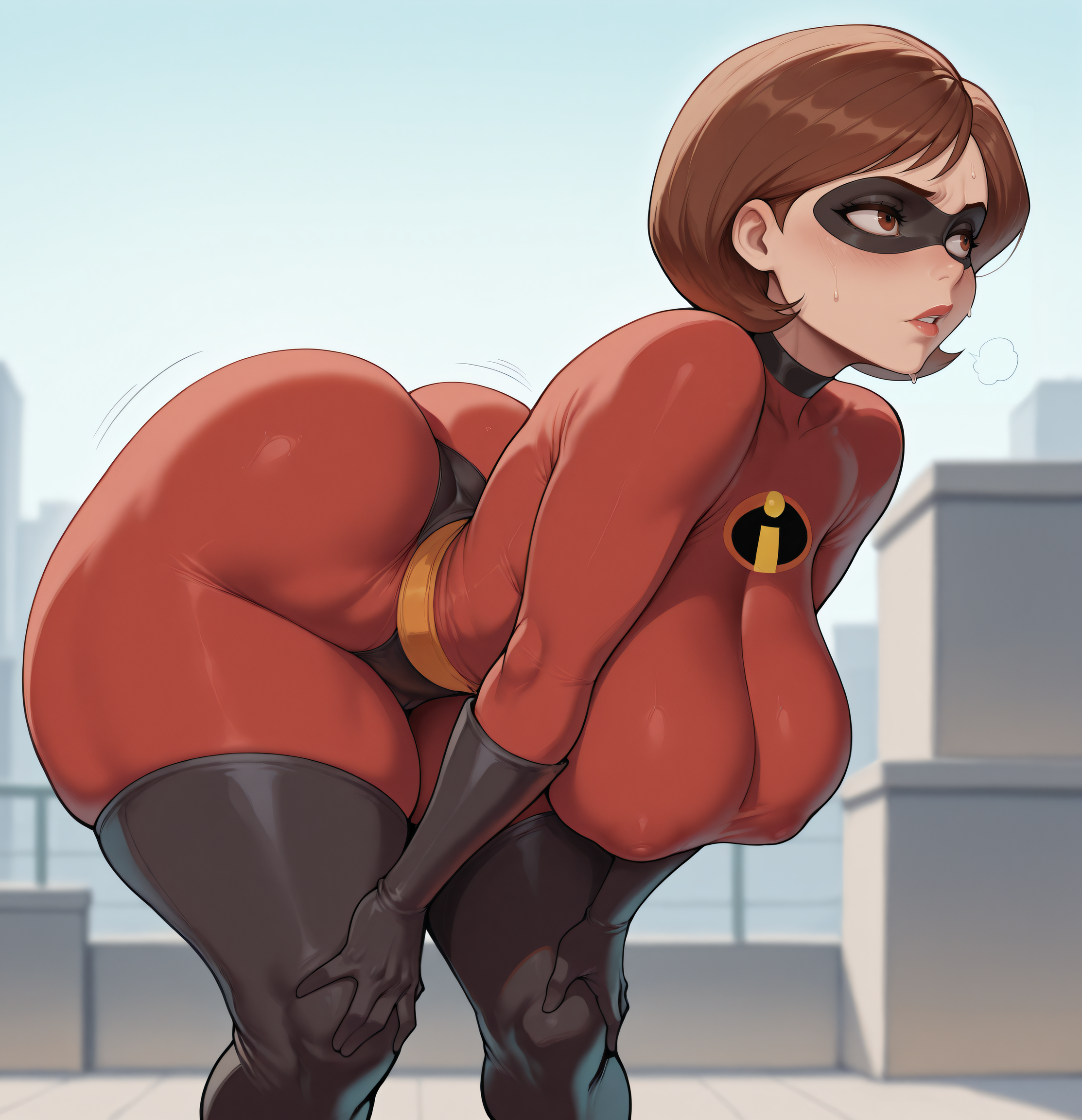 ai generated, bent over, breasts, covered nipples, female, hands on knees, helen parr, massive breasts, parted lips, smogai, sweat, the incredibles, thick thighs, wide hips
