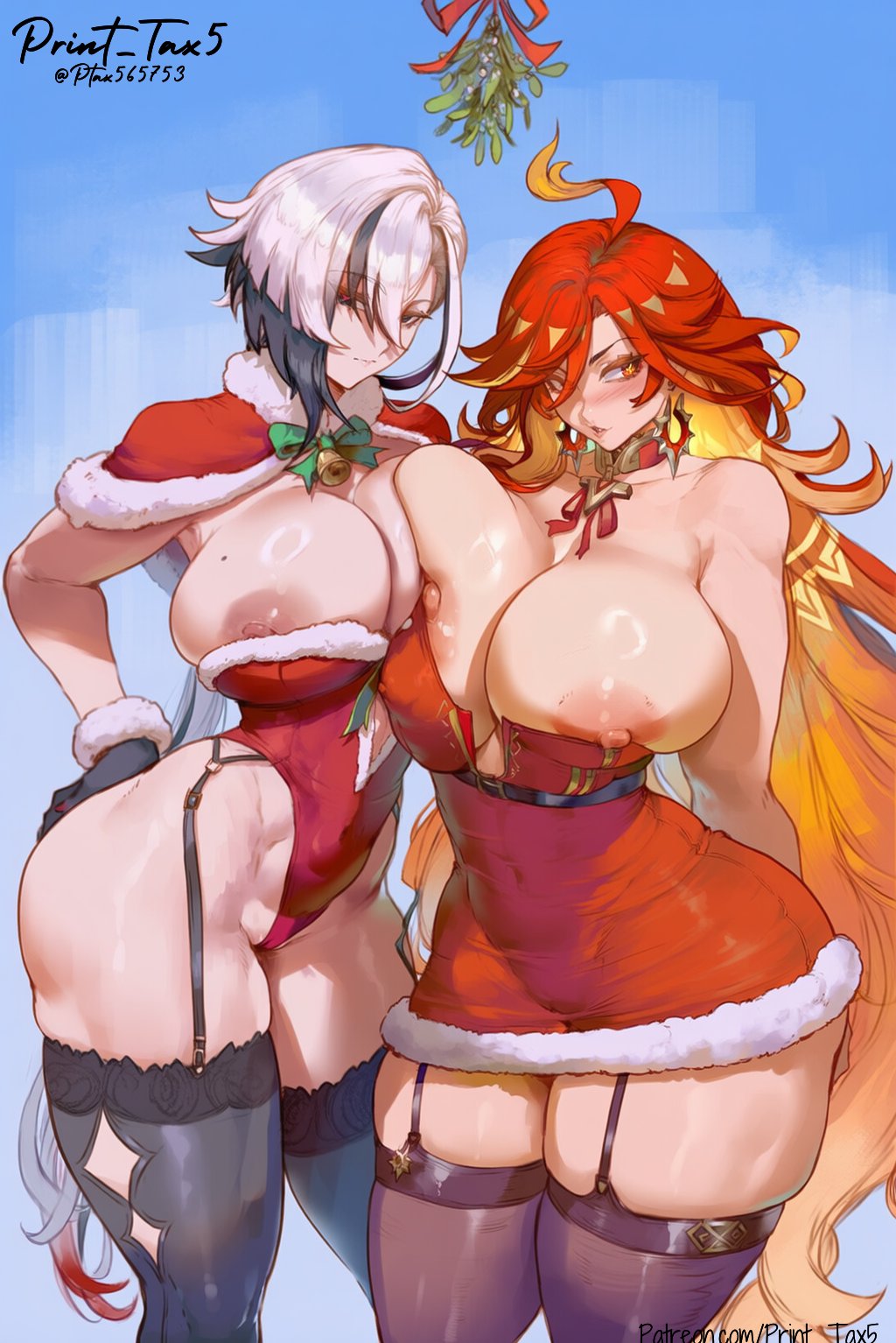 2girls, ai generated, arlecchino (genshin impact), breasts, christmas, female, female focus, female only, genshin impact, large breasts, light skin, light-skinned female, mavuika (genshin impact), print tax5, thick thighs, thighs, wide hips