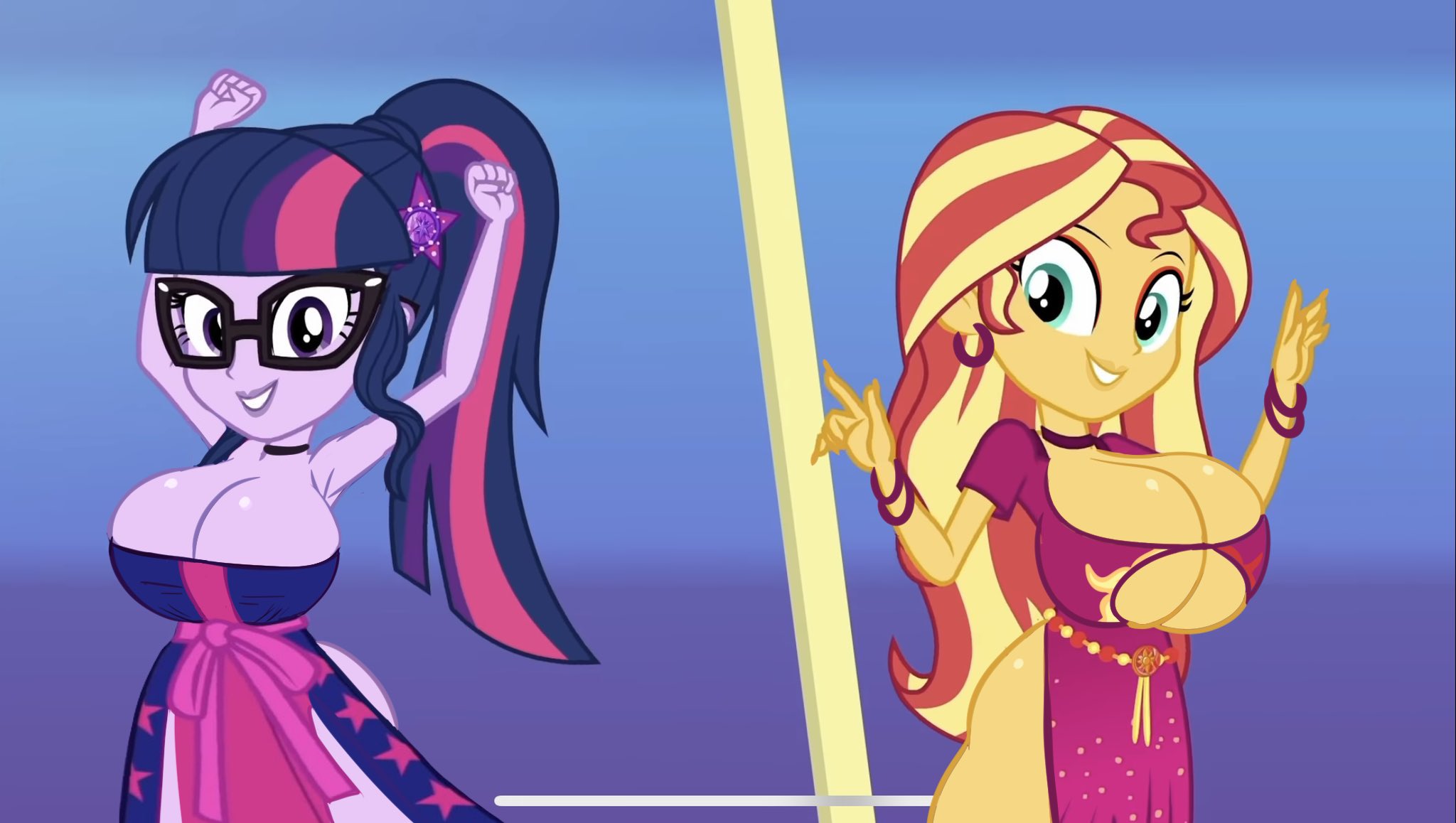2girls, accurate art style, alternate breast size, annon, armpits, arms above head, big breasts, bimbo, breasts, cleavage, clothed, clothed female, correct artstyle, duo, earrings, edit, edited, edited screencap, equestria girls, female, female focus, female only, friendship is magic, glasses, hasbro, highres, hoop earrings, huge breasts, large breasts, lips, lipstick, long hair, looking at viewer, multiple females, multiple girls, my little pony, ponytail, purple hair, sci-twi, screencap, screenshot, screenshot edit, smile, sunset shimmer, twilight sparkle (mlp), two-tone hair, wide hips