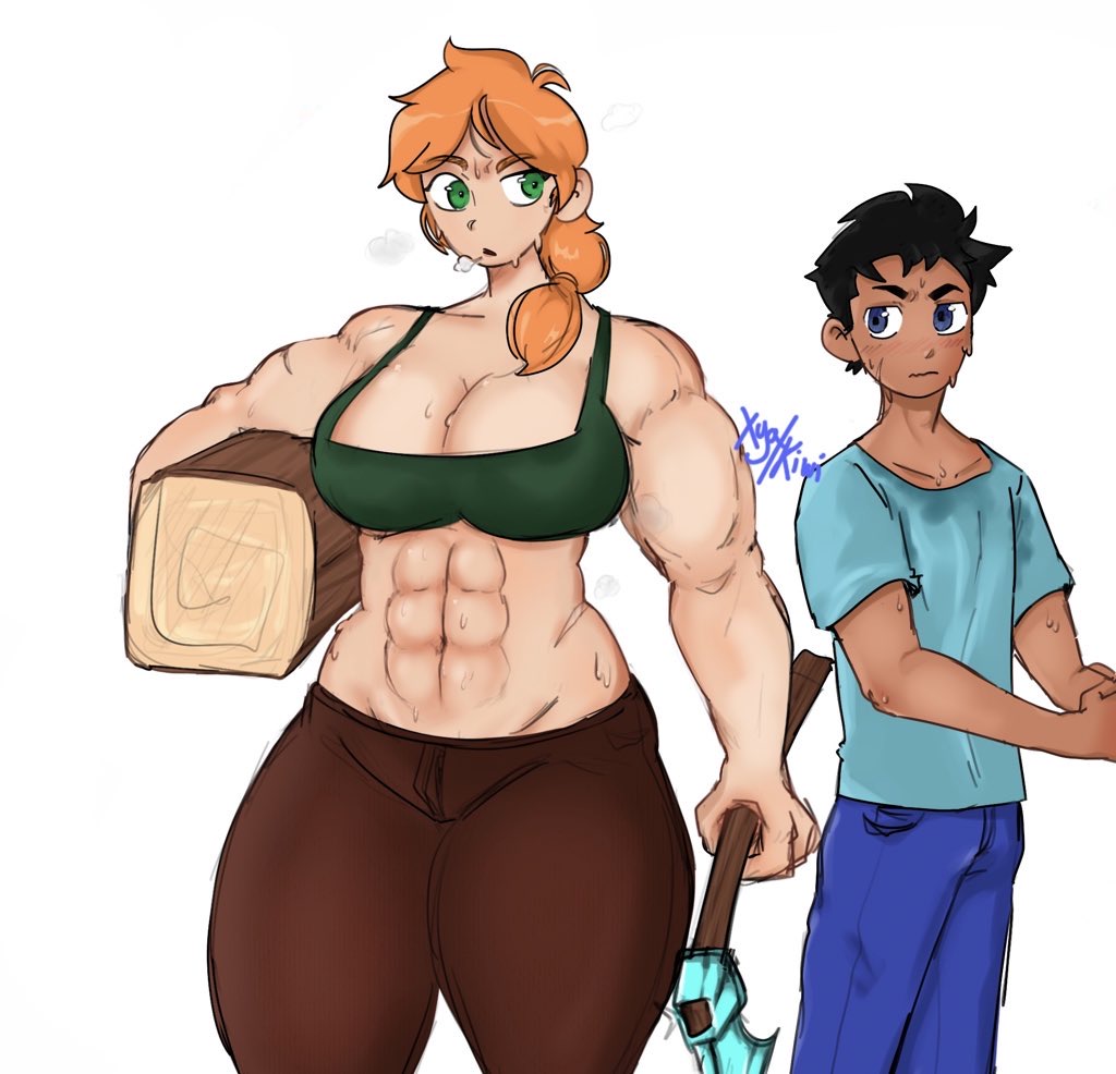 1boy 1girls abs alex_(minecraft) big_breasts blue_eyes blush clothing curvaceous curvy dark-skinned_male dark_skin exhausted female green_eyes holding_object huge_breasts long_hair looking_at_another looking_at_partner midriff minecraft muscular muscular_female orange_hair scars shorter_male simple_background skinny_male standing steam steaming_body steve_(minecraft) sweat sweatdrop sweaty sweaty_breasts taller_girl thick_thighs tight_clothing toned topwear white_background xyakiwi