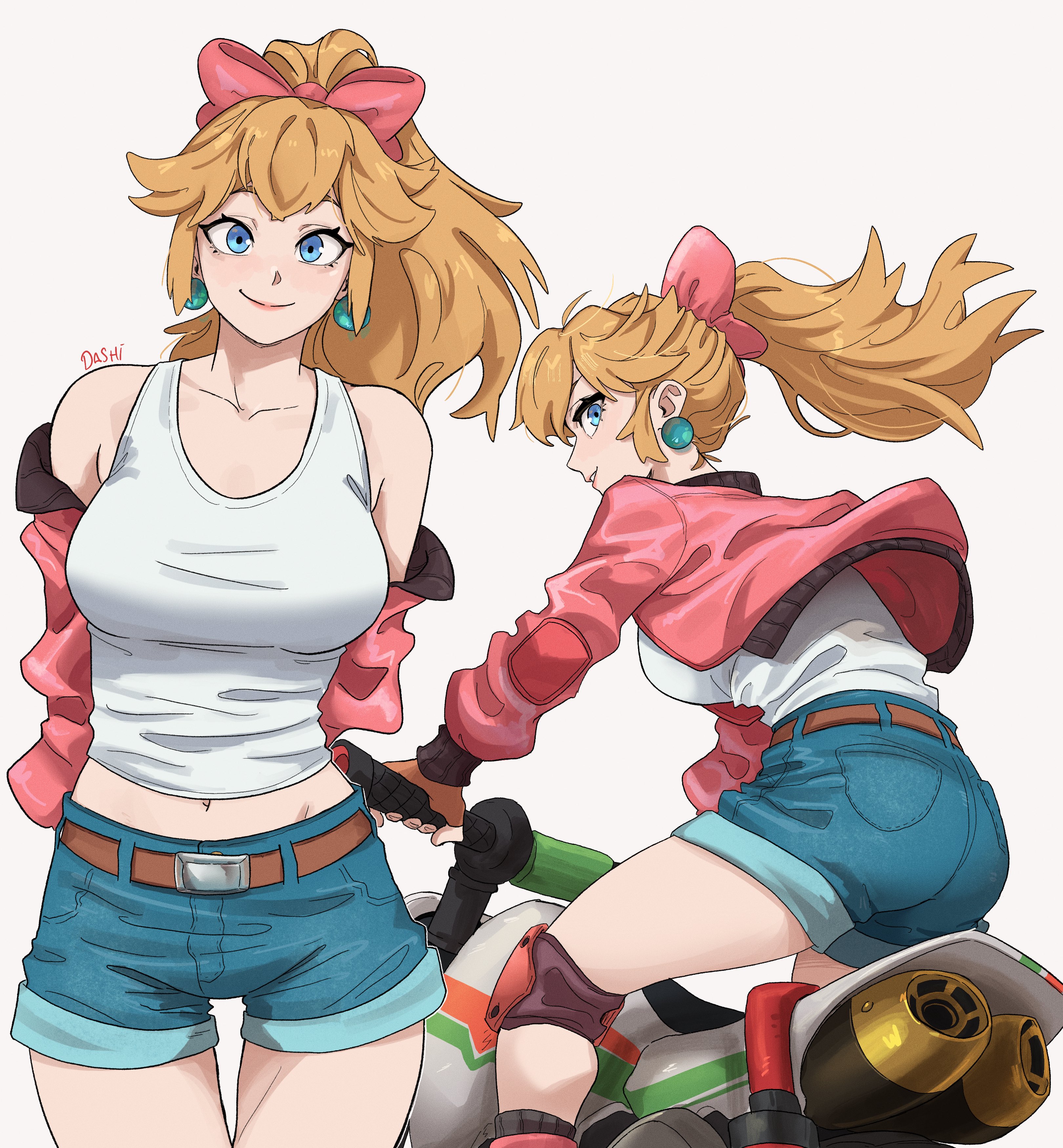1girls, absurdres, ass, big breasts, blonde hair, blue eyes, bow, breasts, clothing, dashi art, denim, denim shorts, earrings, female, female only, gloves, hairbow, highres, jacket, jewelry, knee pads, large breasts, long hair, looking at viewer, mario (series), mario kart, mario kart world, midriff, motor vehicle, motorcycle, navel, nintendo, official alternate costume, open clothes, open jacket, pink jacket, ponytail, princess peach, princess peach (touring), rally bike (mario kart), shorts, simple background, smile, solo, sphere earrings, tank top, vehicle, white background, white tank top