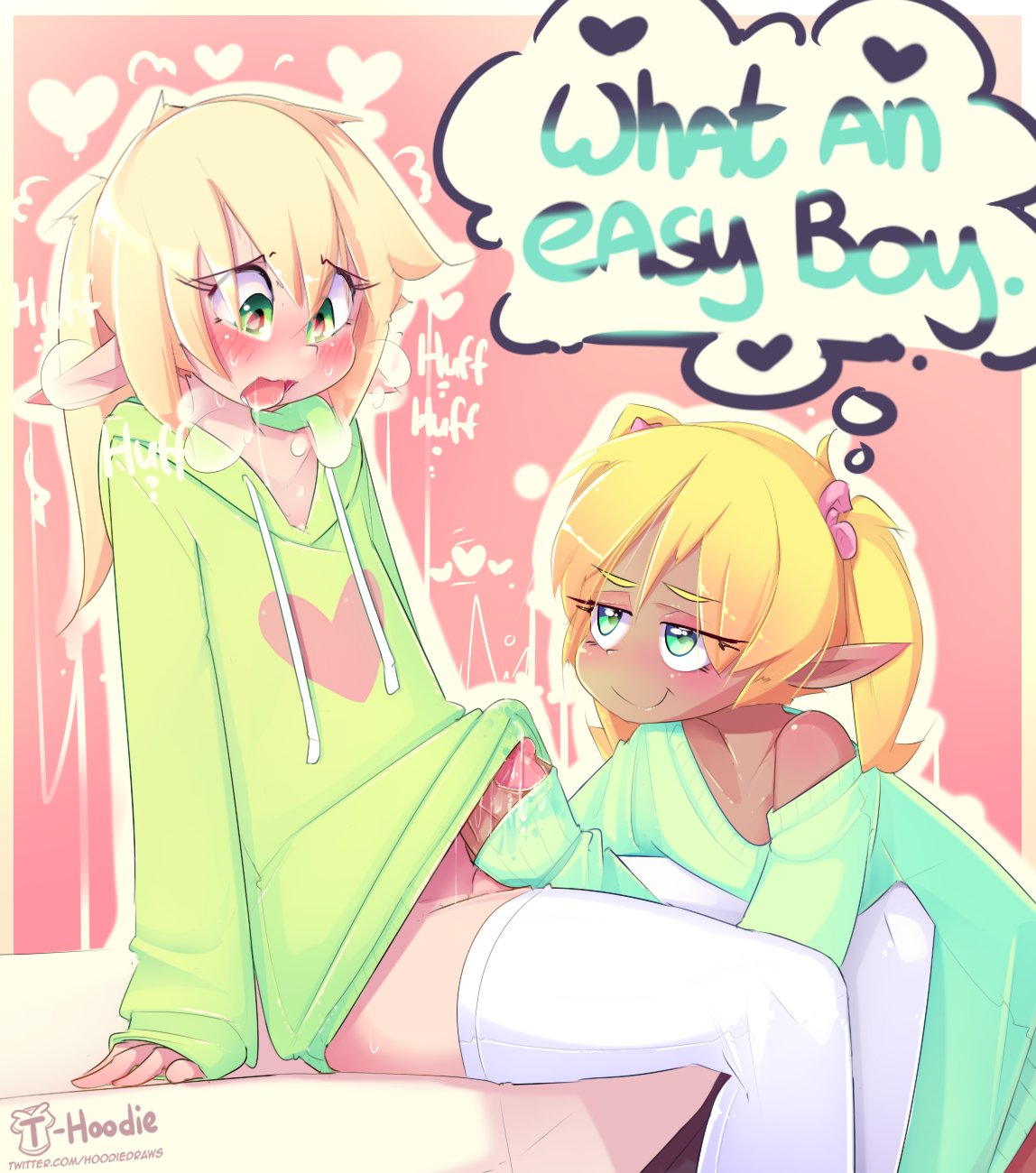 arm_support artist_name blonde_eyebrows blonde_hair blush bodily_fluids border bottomless breath brown_body brown_skin clothed clothing cowlick cum cum_on_clothing duo elf english_text erection eyebrow_through_hair eyebrows eyelashes femboy genital_fluids genitals girly green_eyes hair handjob heart hi_res hoodie hoodie_(artist) humanoid humanoid_pointy_ears legwear long_hair looking_at_another male male/male max_(hoodie) not_furry off_shoulder original penile penis pink_background ponytail sex simple_background sitting smile sophie_(hoodie) sound_effects sweat text thigh_highs thighhighs thought_bubble tongue topwear translucent translucent_hair trap twintails url white_body white_border white_skin