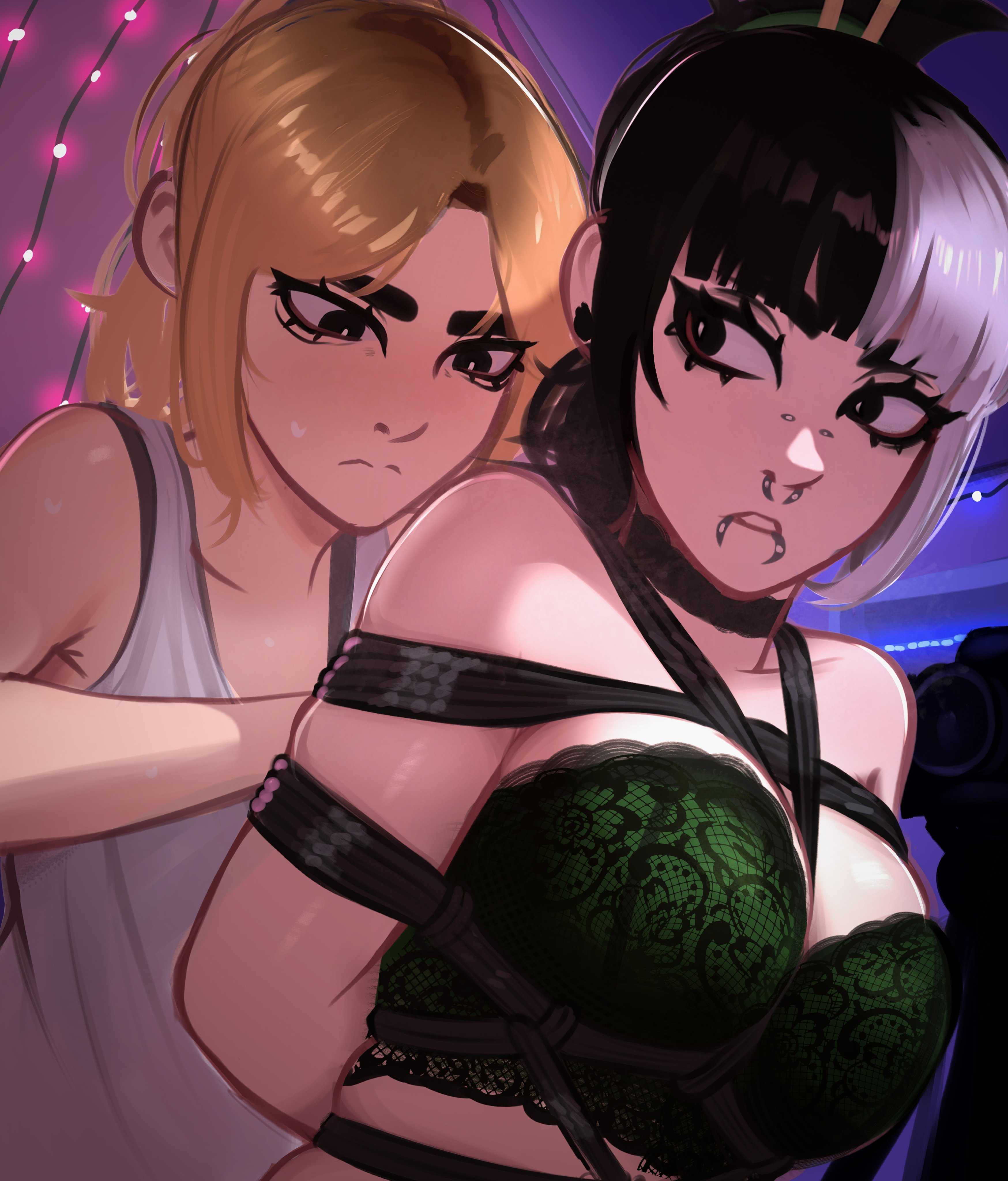 2girls, black eyes, black hair, blonde hair, bondage, bra, choker, eyeliner, fairy lights, female, green bra, jessie (veyonis), lip piercing, mika (veyonis), nose piercing, piercing, piercings, rope, rope bondage, rope harness, two-tone hair, underwear, veyonis, white hair