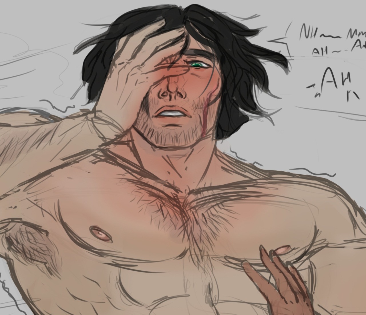 1boy, bara, body hair, chest hair, flushed, looking at viewer, male, muriel (the arcana), muscular, muscular male, pecs, pov, submissive male, tagme, teal eyes, the arcana, trembling, viewed from above, yaoi