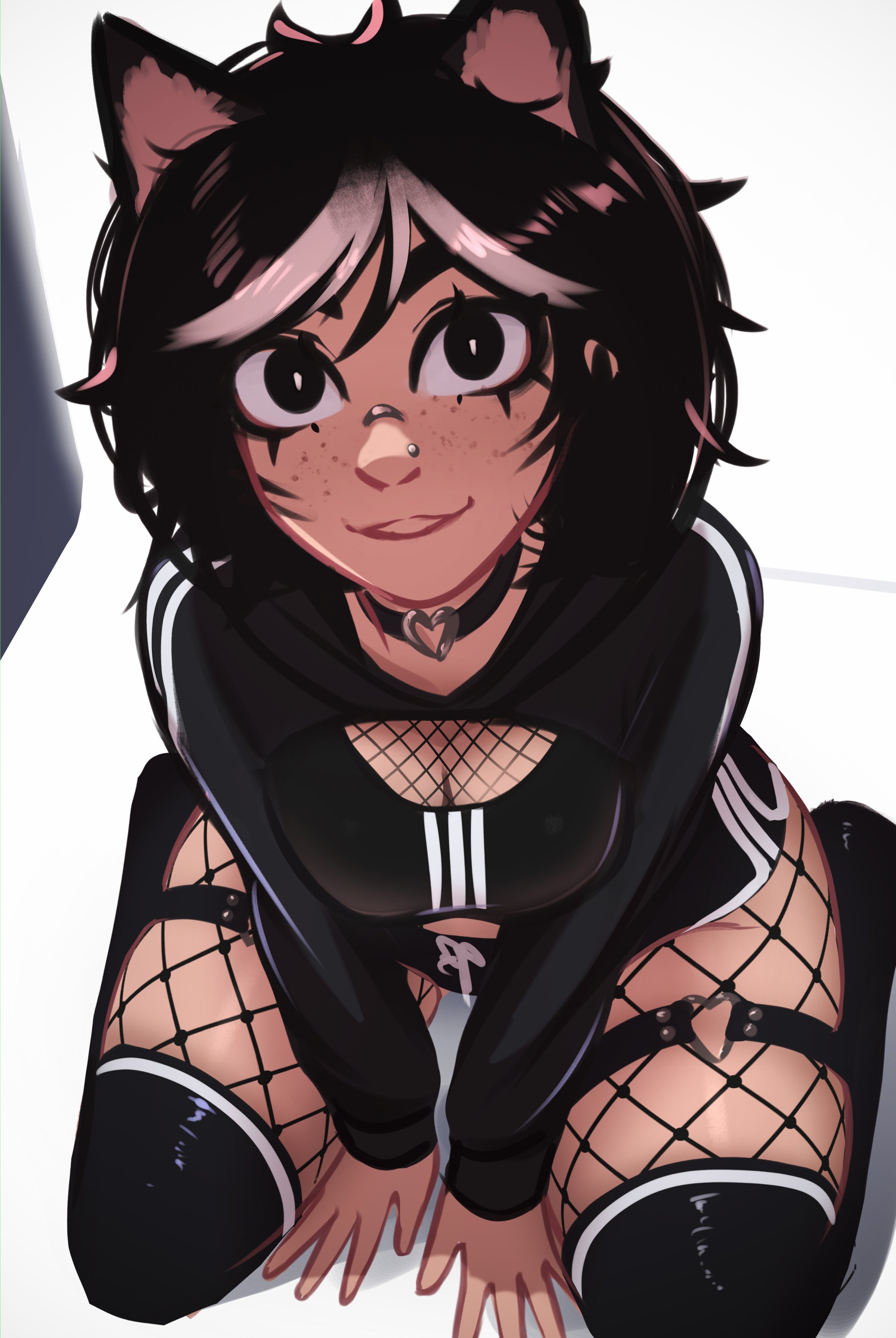 1girls, absurd res, black eyes, black hair, black shorts, black sports bra, black thighhighs, cat ears, choker, female, fishnet legwear, fishnet shirt, fishnets, highres, looking at viewer, nose piercing, piercing, piercings, shorts, sports bra, thighhighs, tomboy, two-tone hair, veyonis, white hair, yuna (veyonis)