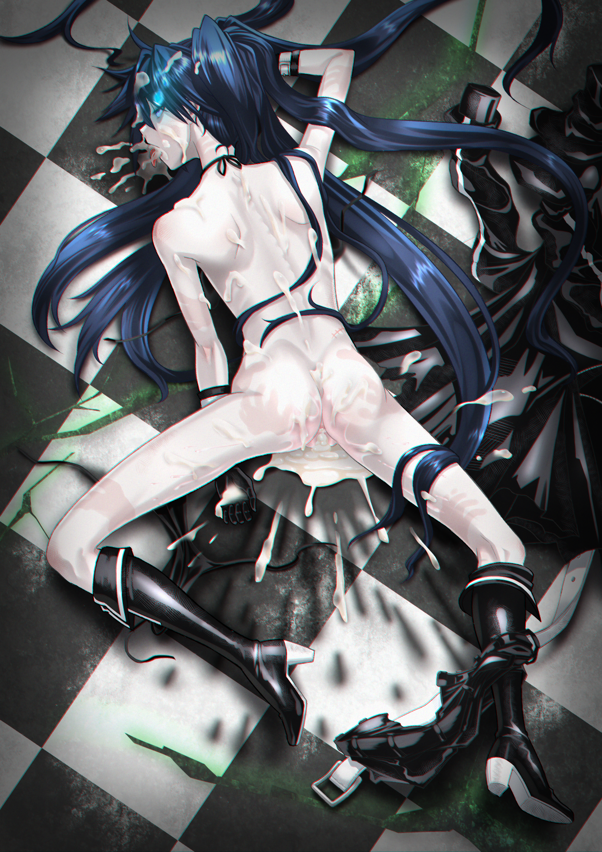1girls, after anal, after fellatio, after rape, after vaginal, ass, back view, black boots, black gloves, black hair, black panties, black rock shooter, black rock shooter (character), blue eyes, boots, breasts, broken rape victim, checkered floor, clothing, completely nude, cum, cum everywhere, cum in ass, cum in hair, cum in mouth, cum in pussy, cum inside, cum on back, cum on body, cum on face, cum on hair, cum on tongue, cum overflow, cum overflowing, dress, exhausted, female, female only, female protagonist, functionally nude, gloves, grope marks, hand print, high heel boots, jacket, jacket removed, leaking, leaking cum, legs, light skin, light-skinned female, long hair, lying on floor, naked boots, naked footwear, nude, nude female, overflow, pale skin, pale-skinned female, panties, pussy, rape, ripped clothing, shorts, shorts around leg, small ass, small breasts, solo, spank marks, spanking, spicepats, thighs, tongue, tongue out, twintails