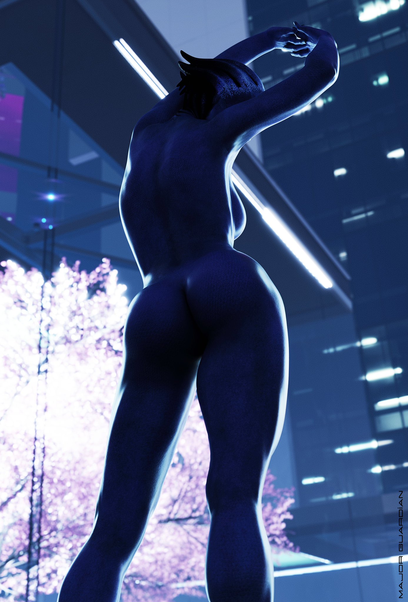 3d, asari, ass, backboob, blue skin, breasts, female, liara t'soni, major guardian, mass effect, nude, nude female, solo
