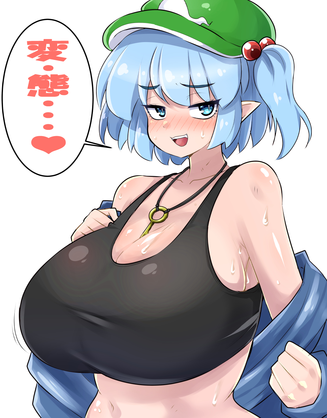 1girls, big breasts, blue eyes, blue hair, breasts, cap, cleavage, clothed female, female, hat, huge breasts, jacket off shoulders, japanese text, key necklace, light skin, light-skinned female, nitori kawashiro, norori, pointy ears, solo, solo female, sweat, tank top, text bubble, touhou, twintails, white background