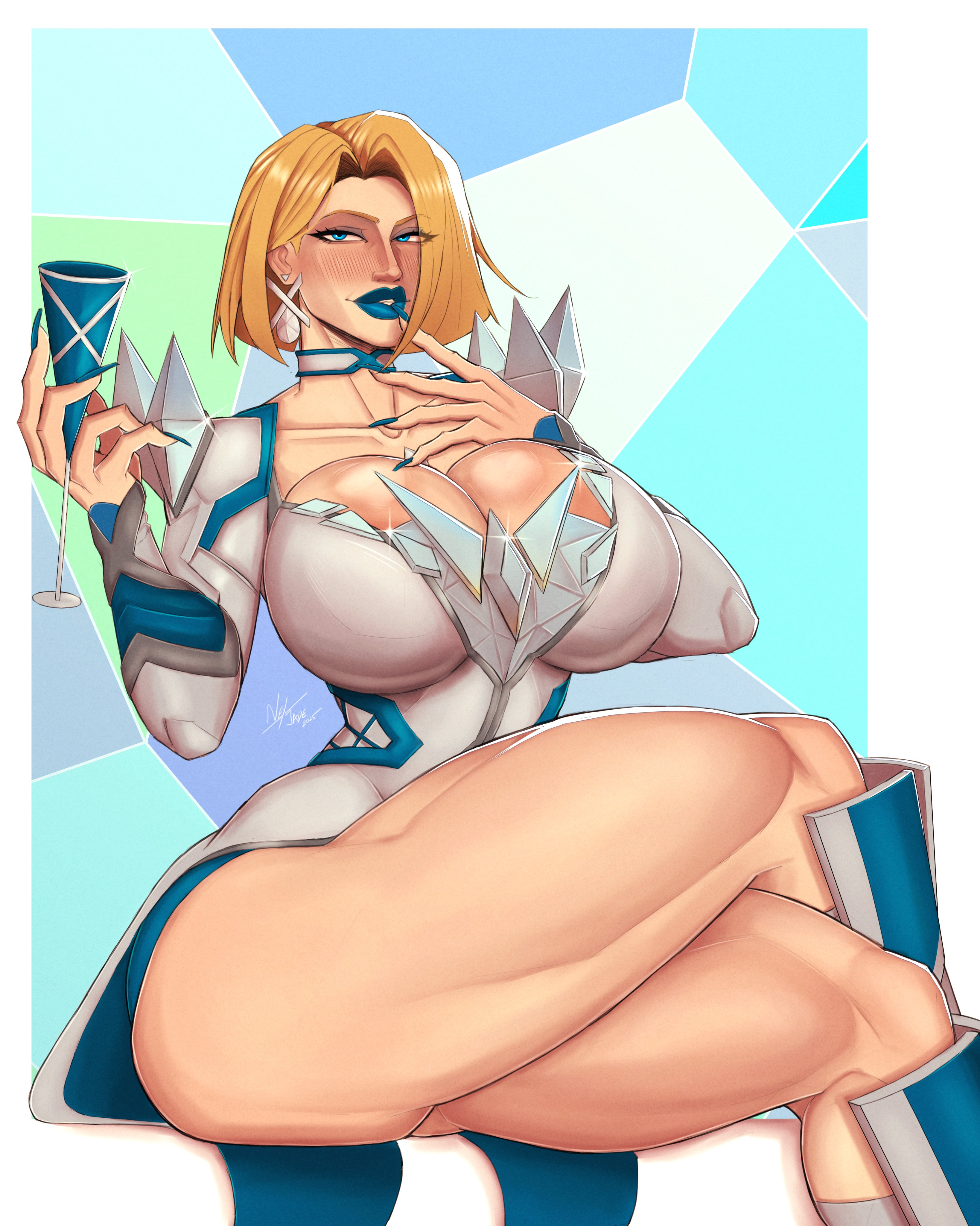 1girls, ass, blonde female, blonde hair, blue lipstick, blue nails, bob cut, boots, breasts, cleavage, emma frost, emma frost (marvel rivals), female, female only, gigantic breasts, huge ass, huge breasts, human, marvel, marvel comics, marvel rivals, nexjade, revealing clothes, sitting, solo, solo female