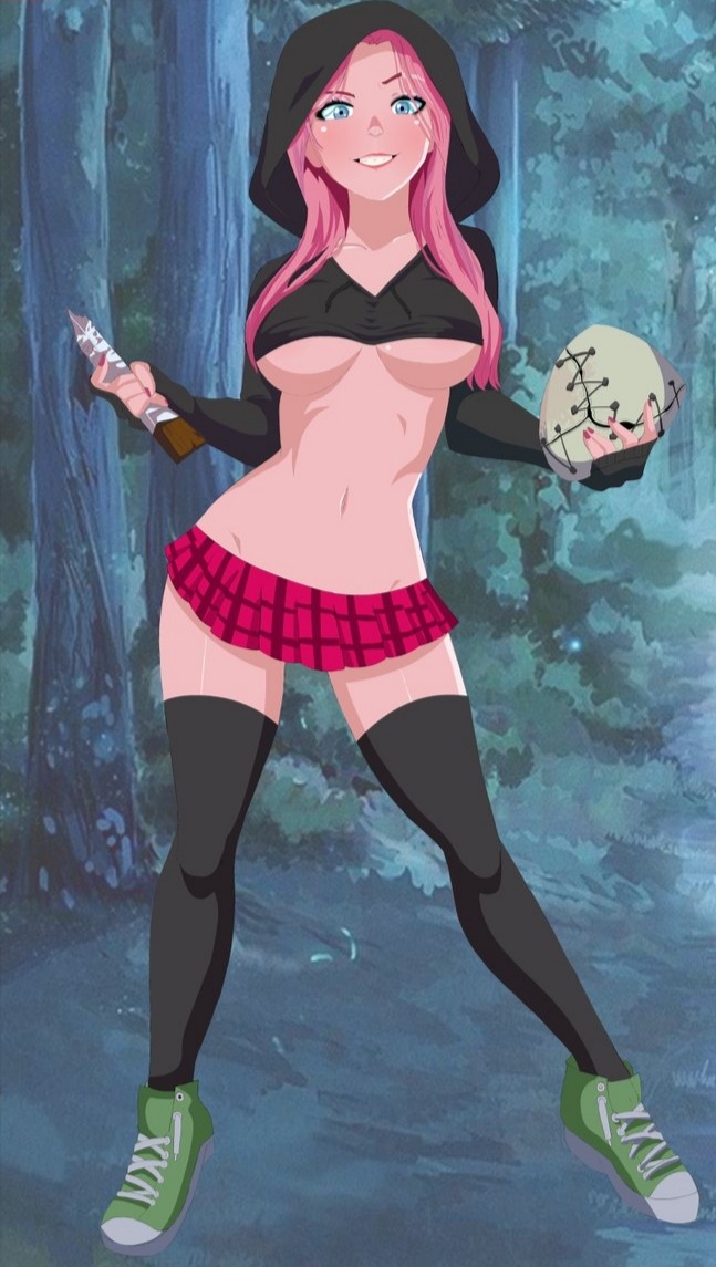 2d, boobs, breasts, cleavage, clothed, dbd, dead by daylight, female, half dressed, hoodie, microskirt, pink hair, skirt, sneakers, standing, susie (dead by daylight), the legion, thighhighs, underboob