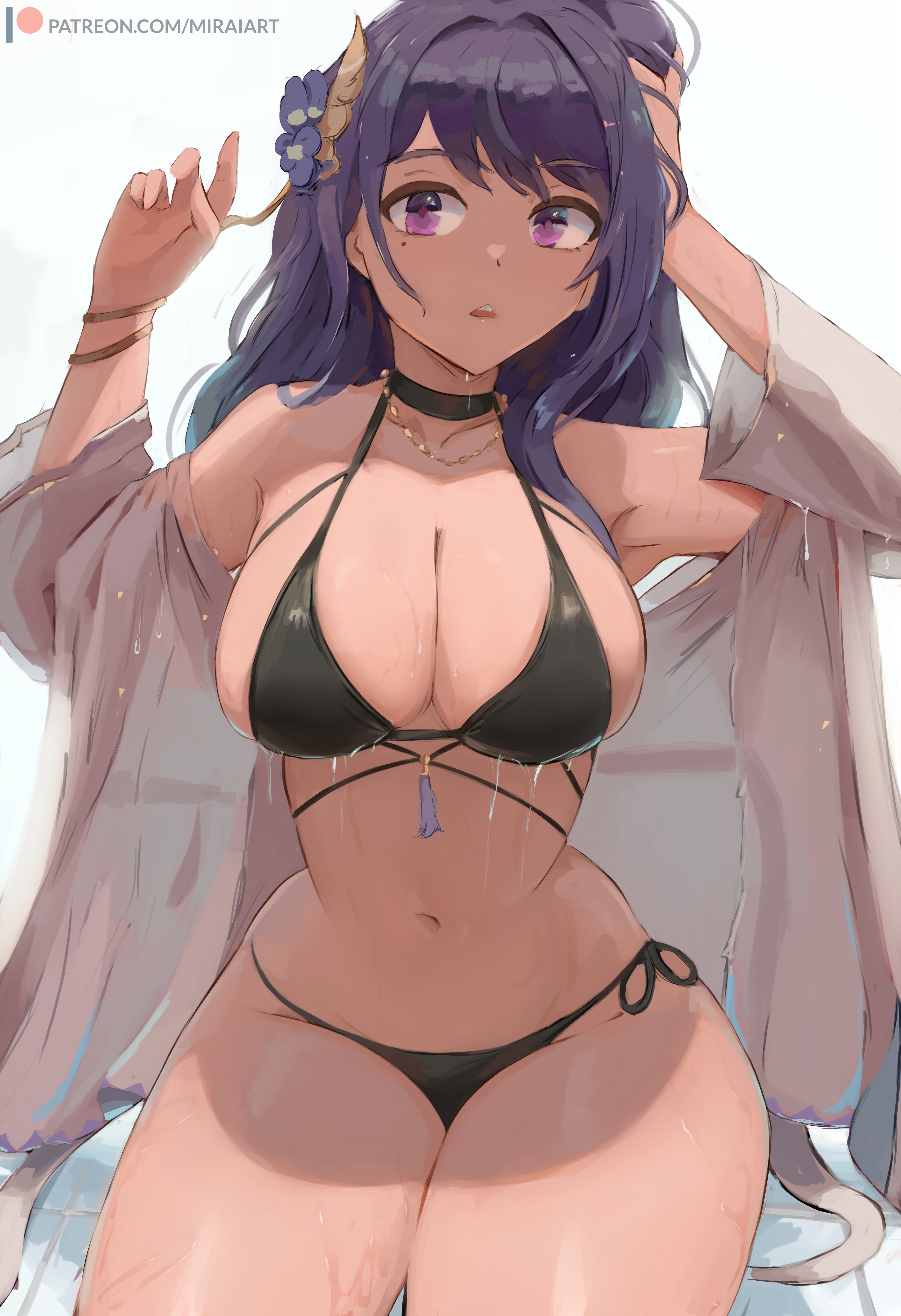 1girls, 2021, absurdres, armpits, arms up, artist signature, beauty mark, belly button, big eyes, bikini, black bikini, breast focus, breasts, cleavage, clothed female, female, female focus, female only, flower, genshin impact, hair ornament, hand in hair, highres, hips, huge breasts, long hair, looking at viewer, miraihikari, mole under eye, open mouth, purple eyes, purple hair, raiden shogun, side-tie bikini, slim waist, swimsuit, thick thighs, thighs, very high resolution, wet, wet body, wet breasts, white background, wide hips