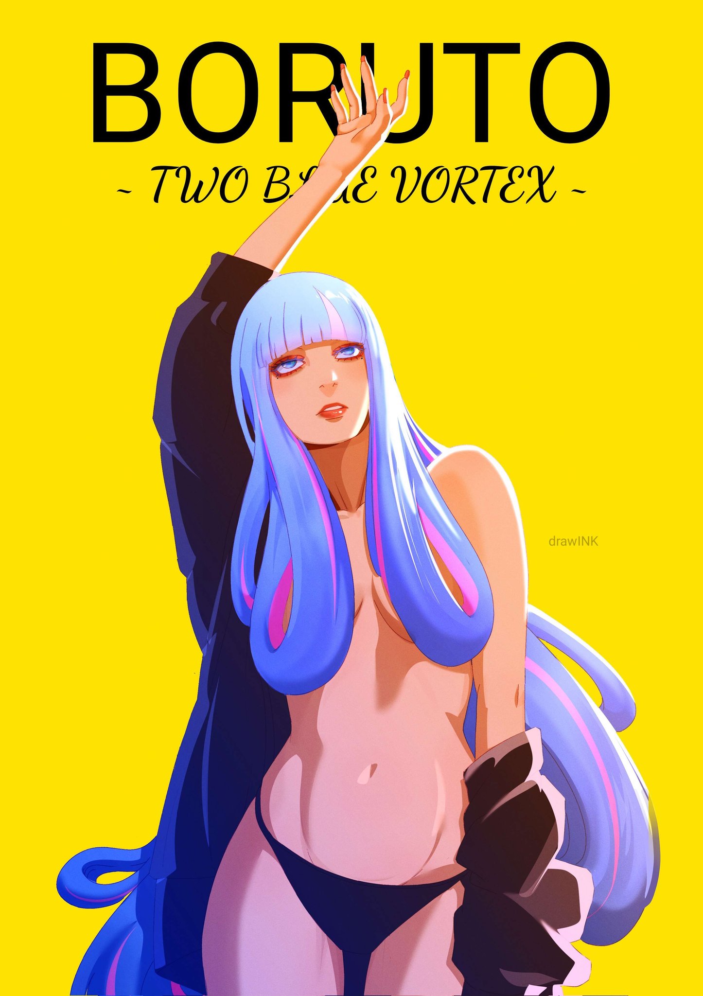 1girls, ada (boruto), boruto: two blue vortex, breasts, drawink, female, female only, hair censor, hair covering breasts, multicolored hair, naruto, naruto (series), partially clothed