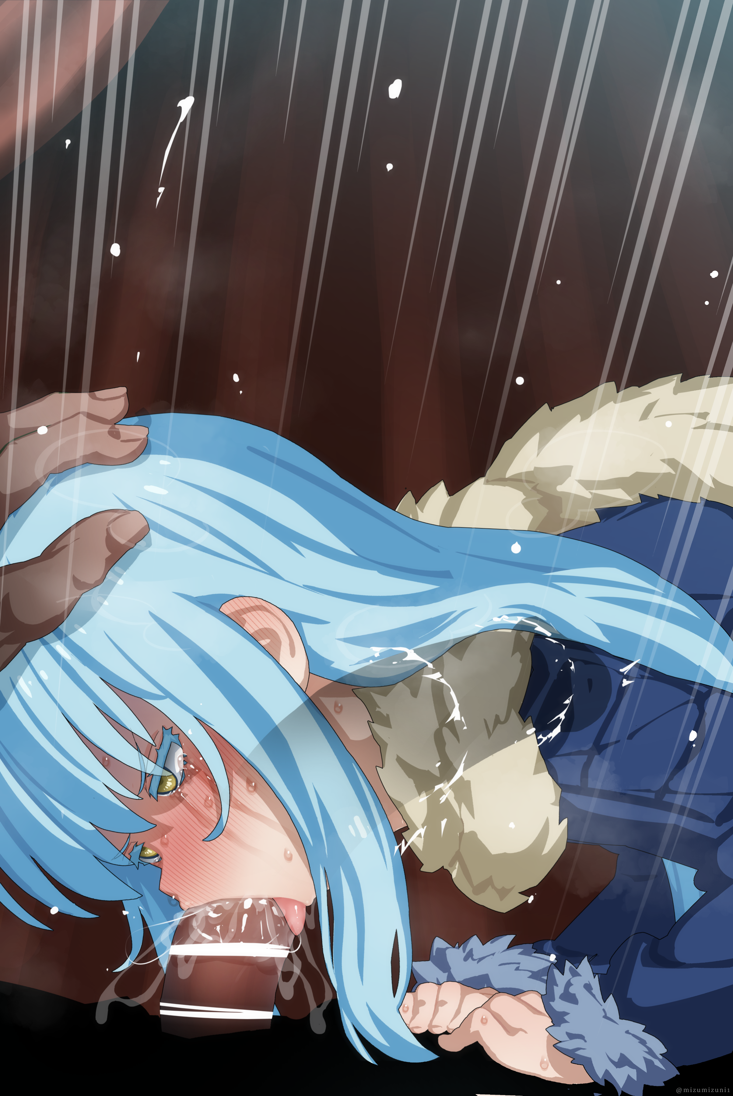 1boy, absurd res, ambiguous gender, androgynous, big penis, blowjob, blue hair, blush, censor bar, censored, clothed, deepthroat, fellatio, forced, forced oral, hand on head, high resolution, huge cock, large penis, light blue hair, looking at viewer, male, mizumizuni, oral, penis, rape, rimuru tempest, saliva, slime, sweat, tensei shitara slime datta ken, tongue, tongue out, veiny penis, x-ray, yellow eyes
