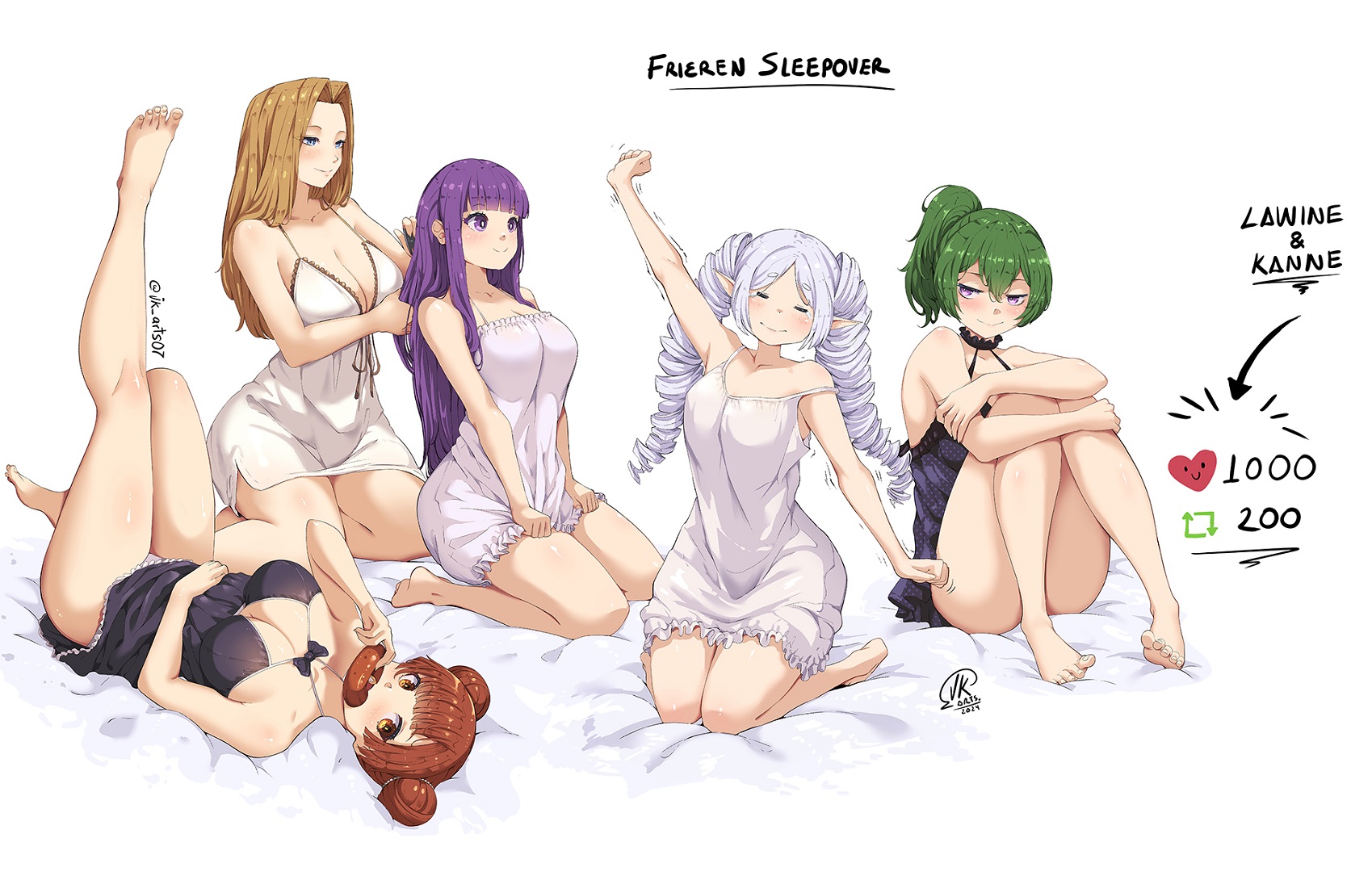 5girls, breasts, cleavage, female, female only, fern (sousou no frieren), frieren, frieren beyond journey's end, green hair, jk arts07, laufen (sousou no frieren), methode (sousou no frieren), multiple females, multiple girls, purple hair, red hair, sleepover, sleepwear, sousou no frieren, ubel (sousou no frieren), white background, white hair