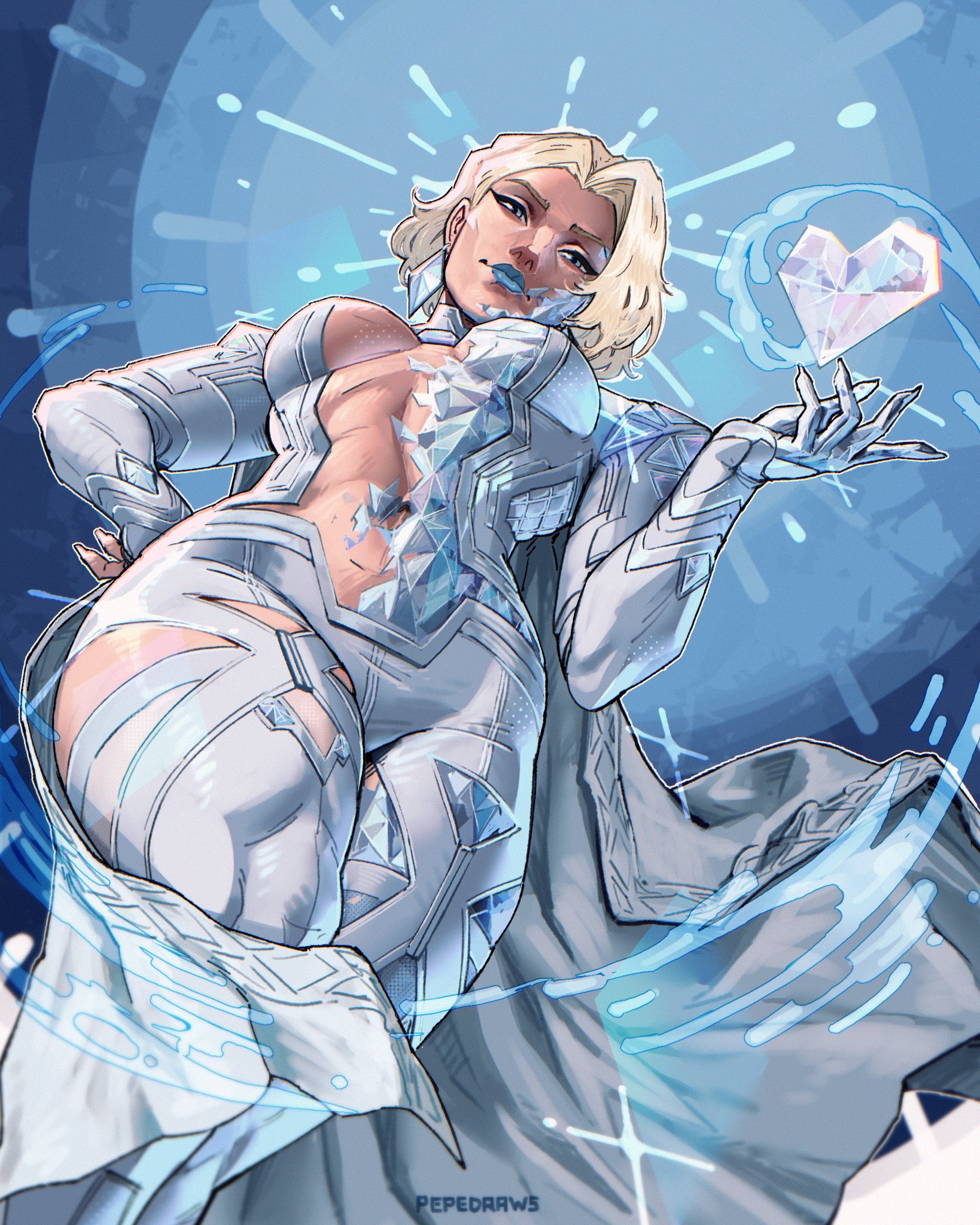 1girls, ass, blonde female, blonde hair, blue lipstick, bob cut, breasts, emma frost, emma frost (marvel rivals), female, female focus, female only, large breasts, light skin, light-skinned female, looking at viewer, looking down, marvel, marvel comics, marvel rivals, pepedeawolf, solo, thick thighs, thighs, wide hips