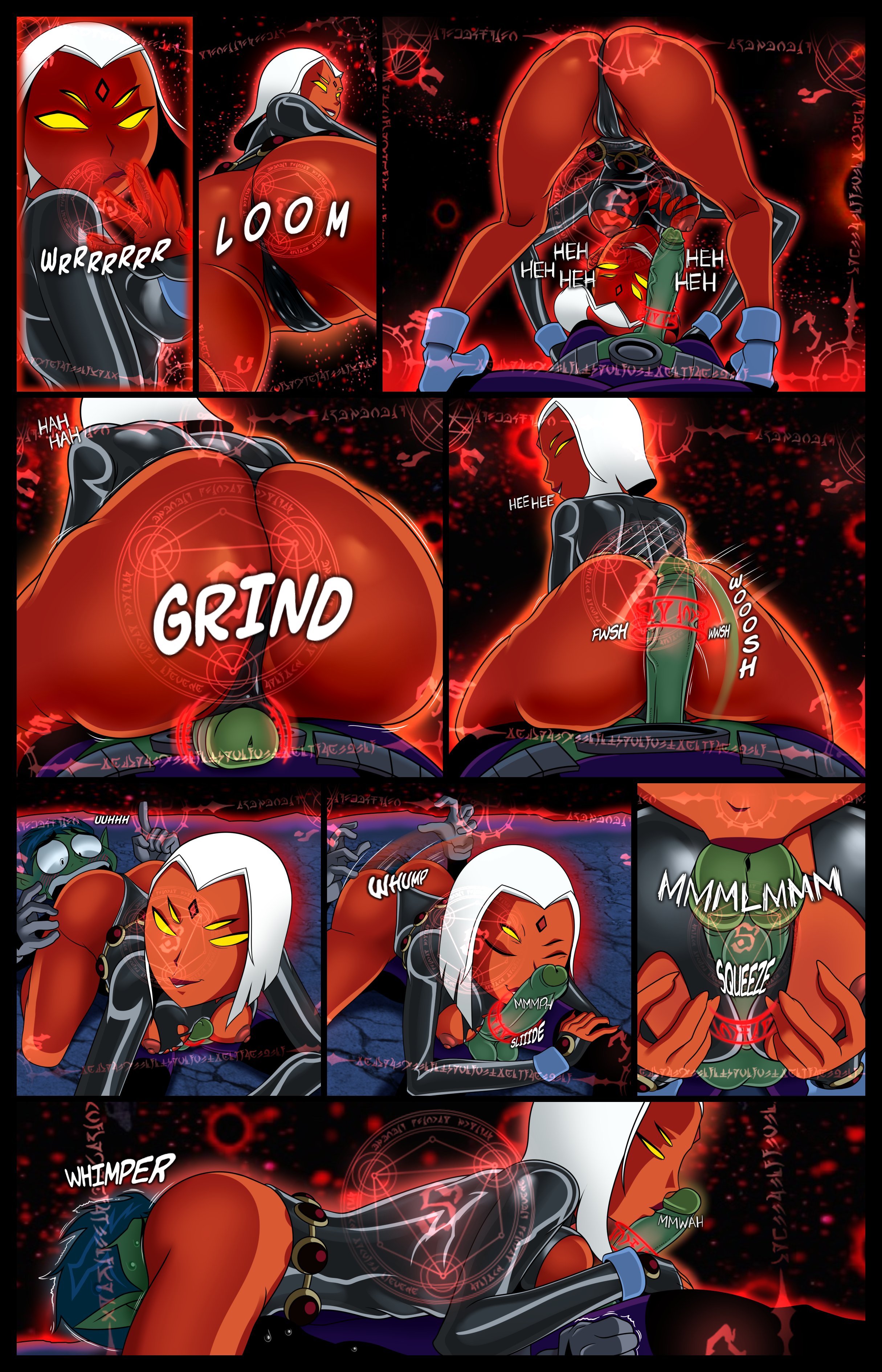 1boy, 1girls, 2d, 4 eyes, 69, 69 position, areolae, ass, bare legs, beast boy, breasts, bubble ass, bubble butt, busty, camera, comic, comic page, cum everywhere, dc, dc comics, demon raven, erect penis, face fucking, female, female focus, garfield logan, green skin, hourglass figure, incogneato, intimate meditation, leotard, male, mrswindle94, multi eye, nipples, penis, rachel roth, raven (dc), red skin, red-skinned female, short hair, tagme, teen titans, teen titans (television series), thong leotard, veiny penis, wide hips
